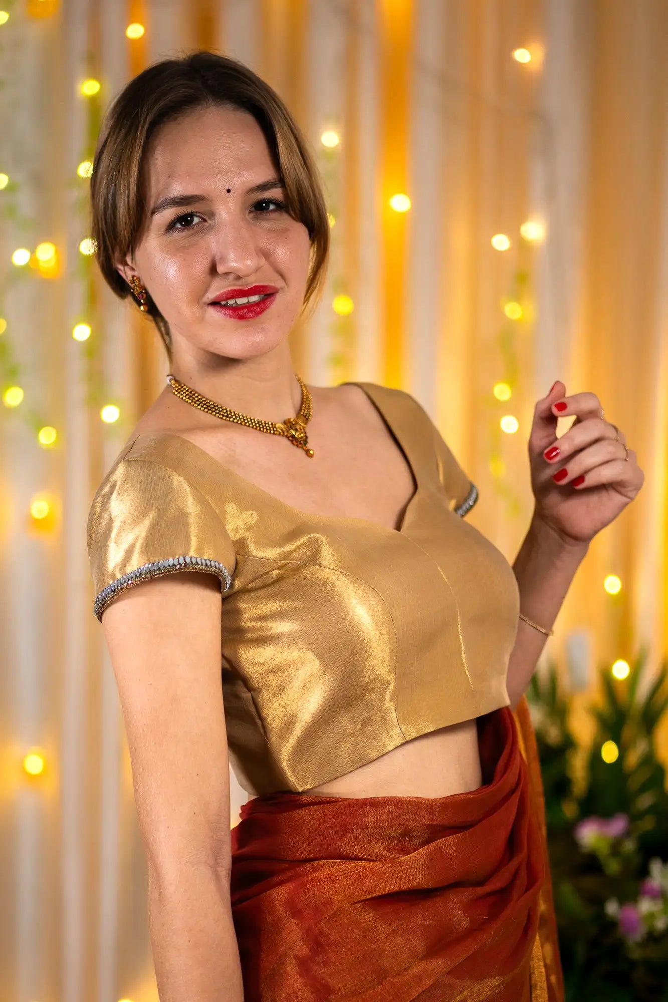 Antique Gold Cap Sleeve Readymade Blouse