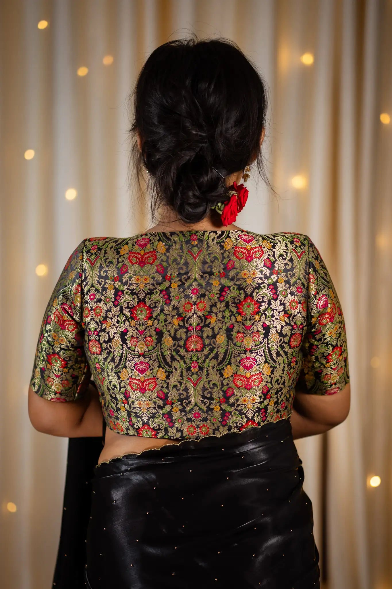 Black-Multicolor-V-Neck-Banarasi-Blouse-With-Sleeve-Readymade-Blouse-I-Love-Sarees