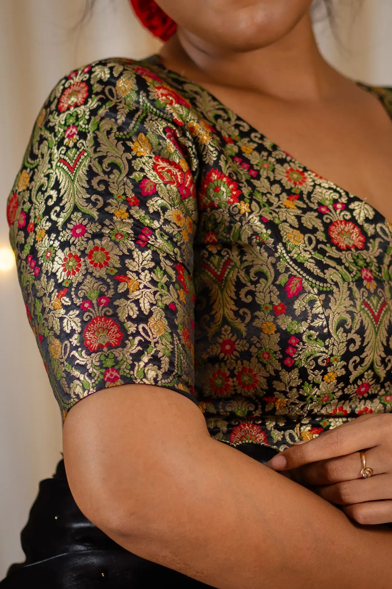 Black-Multicolor-V-Neck-Banarasi-Blouse-With-Sleeve-Readymade-Blouse-I-Love-Sarees