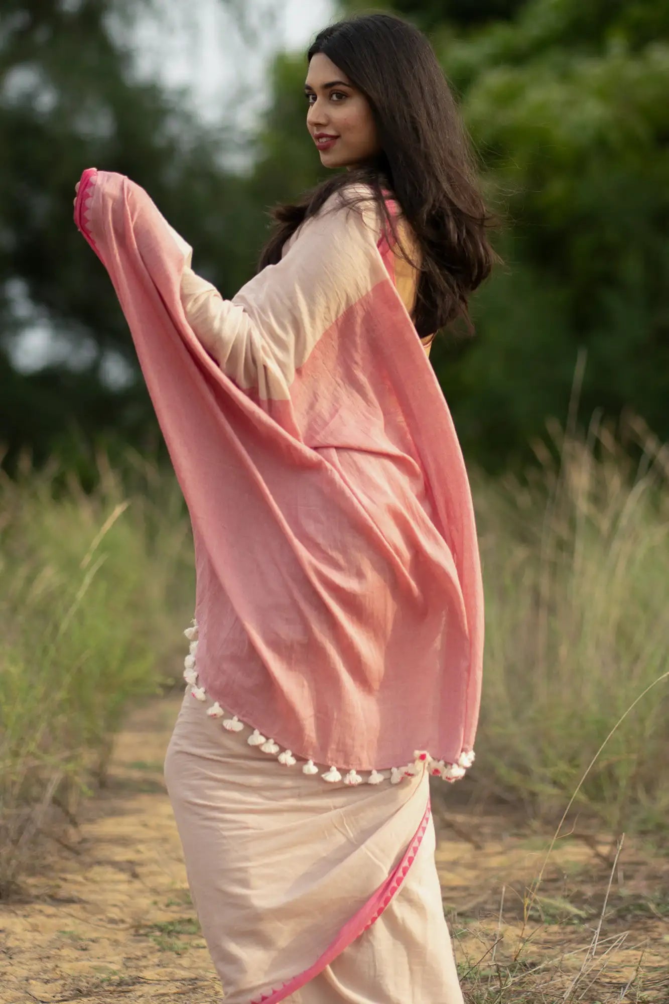 Blooming Lotus White with Pink Border Saree