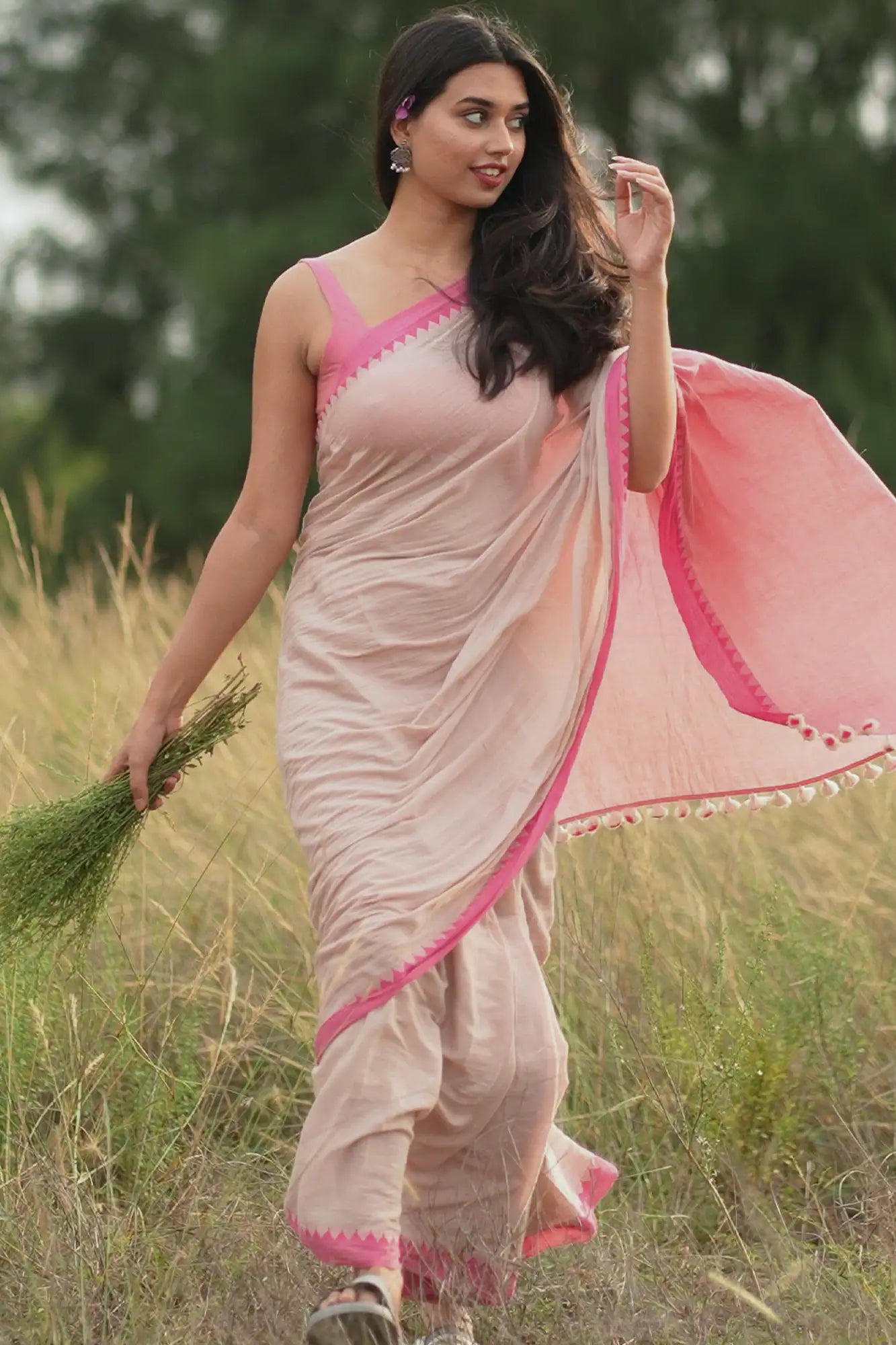 Blooming Lotus White with Pink Border Saree