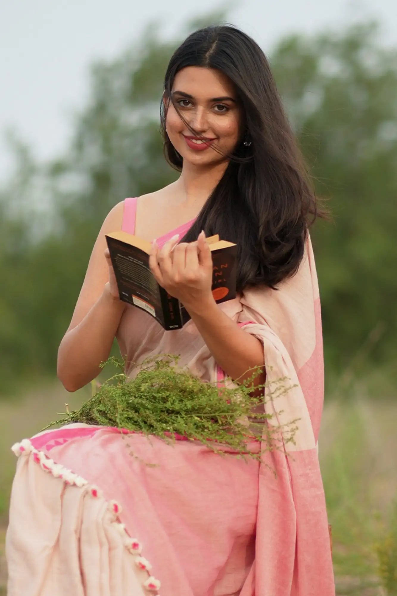 Blooming Lotus White with Pink Border Saree