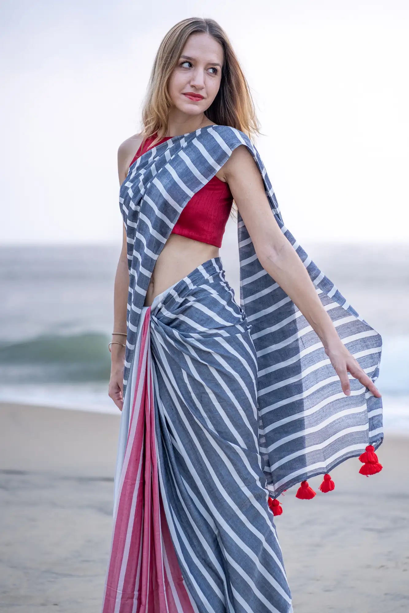 Silver Serenade Stripe Saree