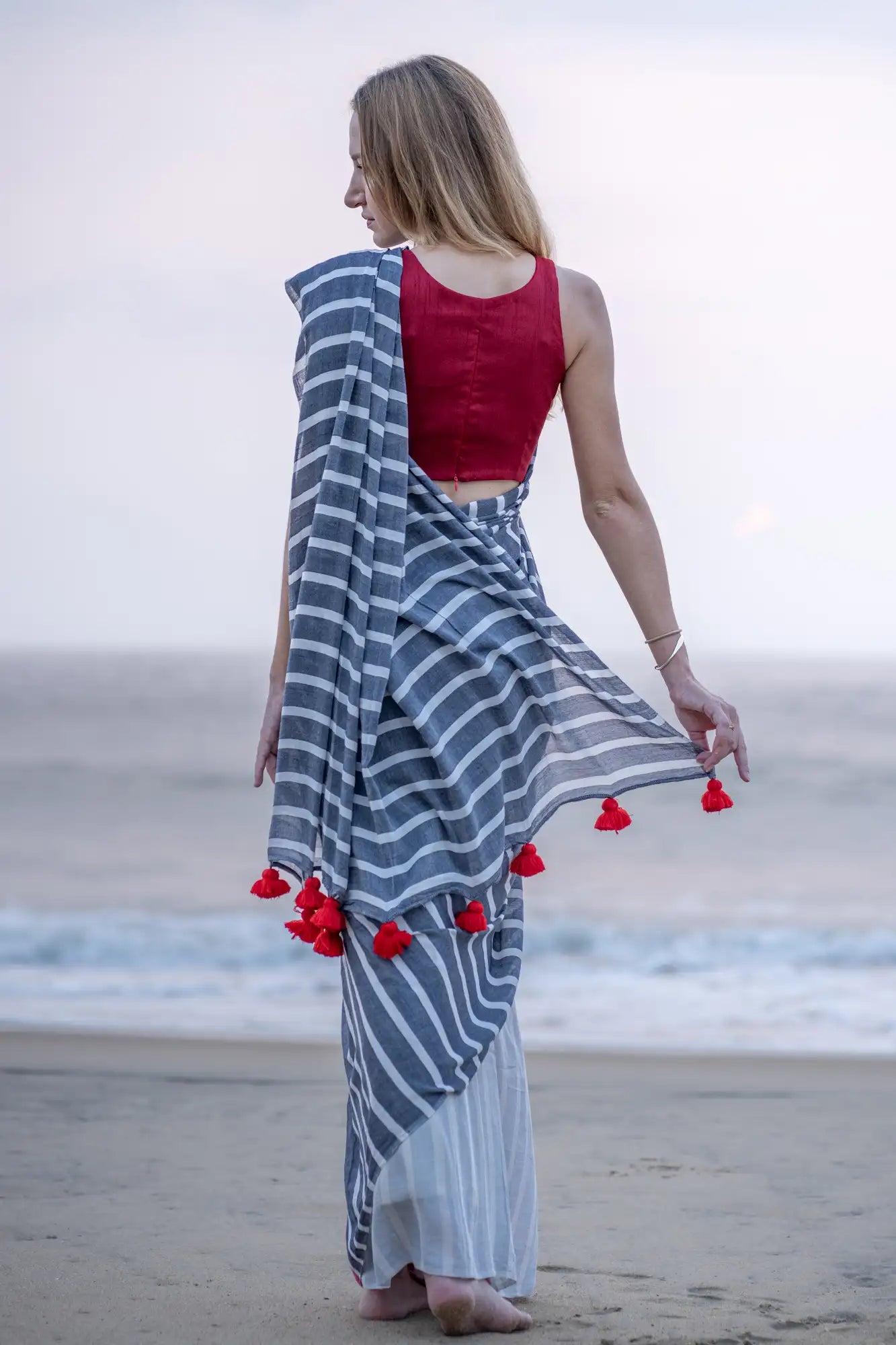 Silver Serenade Stripe Saree