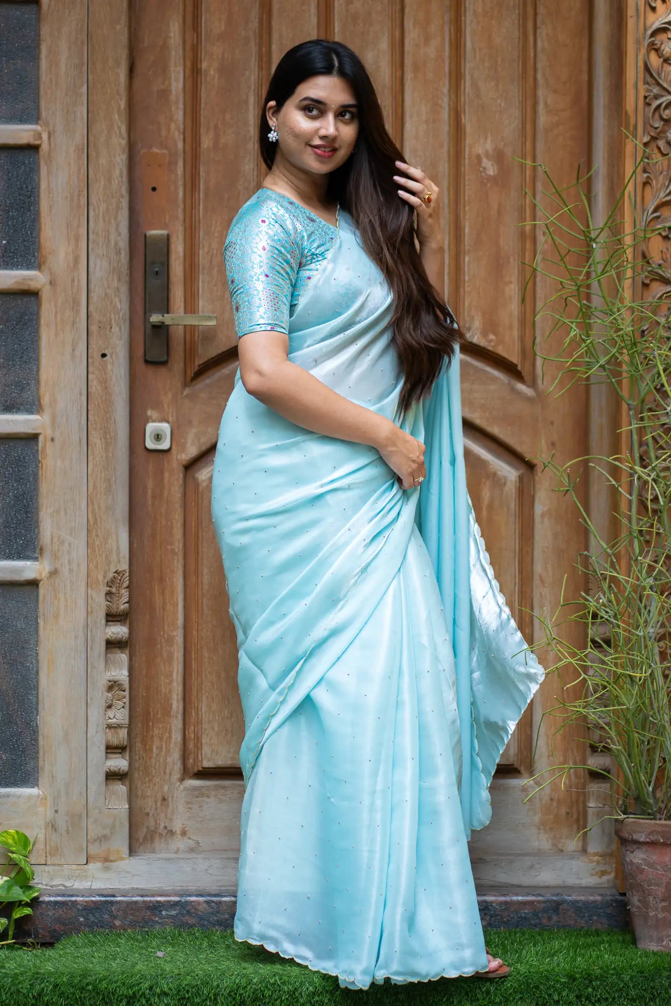 Mint-Blue-Glazy-Organza-Saree-I-Love-Sarees