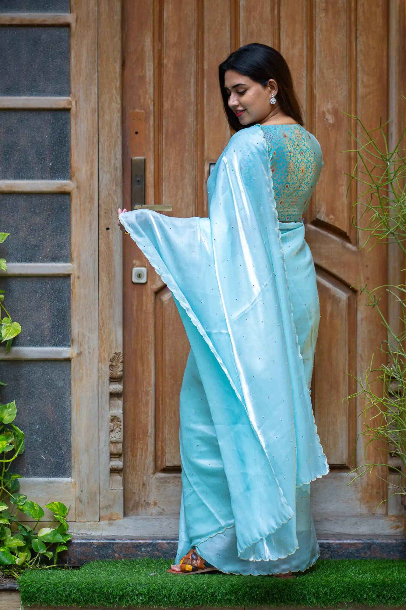 Mint-Blue-Glazy-Organza-Saree-I-Love-Sarees