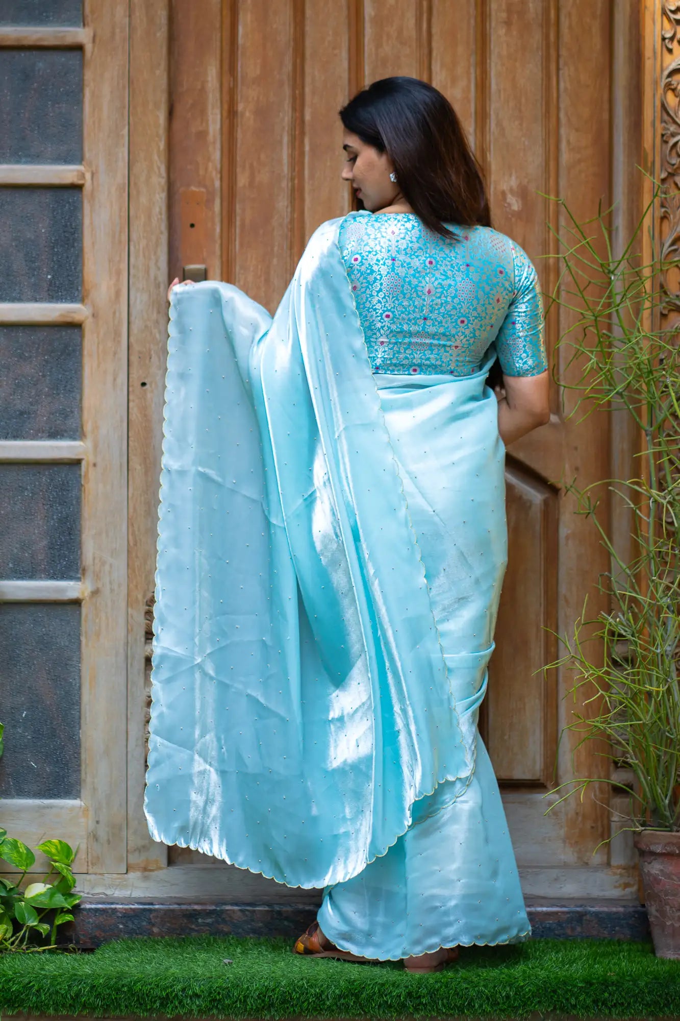 Mint-Blue-Glazy-Organza-Saree-I-Love-Sarees