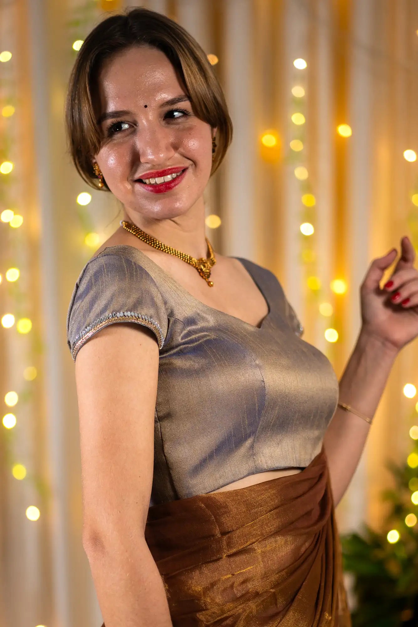Cloudy Silver Cap Sleeve Readymade Blouse