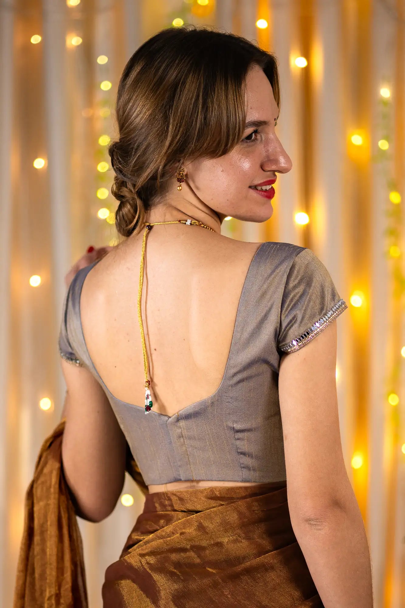 Cloudy Silver Cap Sleeve Readymade Blouse