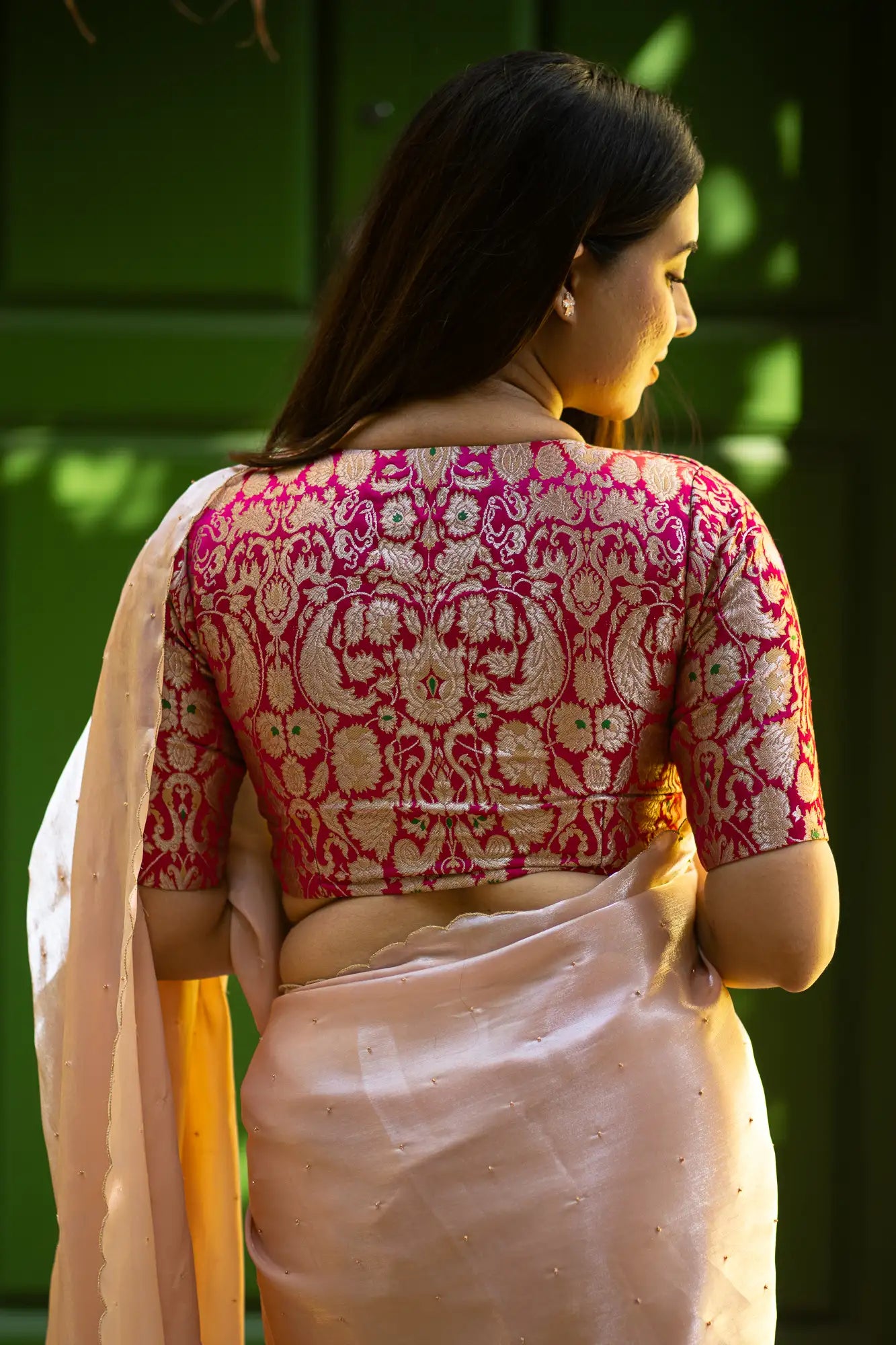 Cranberry-Pink-V-Neck-Banarasi-Blouse-With-Sleeve-Readymade-Blouse-I-Love-Sarees