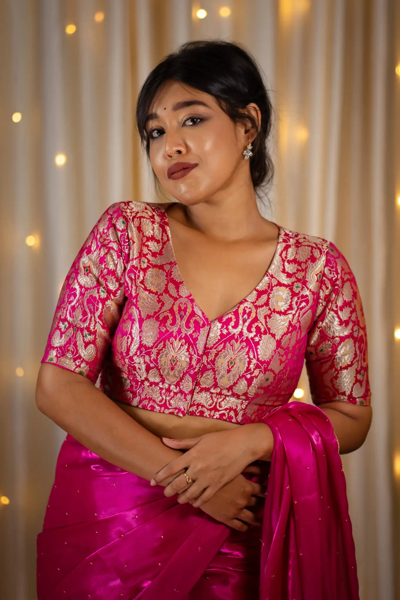 Cranberry-Pink-V-Neck-Banarasi-Blouse-With-Sleeve-Readymade-Blouse-I-Love-Sarees