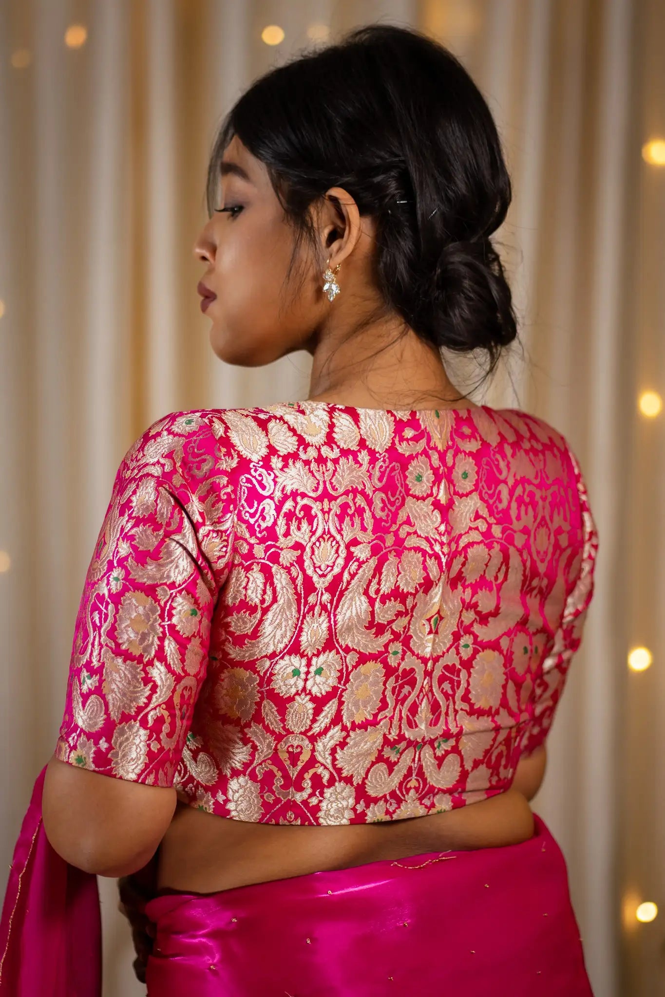 Cranberry-Pink-V-Neck-Banarasi-Blouse-With-Sleeve-Readymade-Blouse-I-Love-Sarees