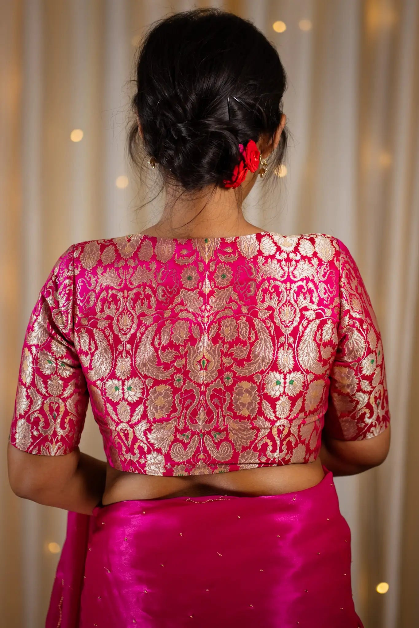 Cranberry-Pink-V-Neck-Banarasi-Blouse-With-Sleeve-Readymade-Blouse-I-Love-Sarees