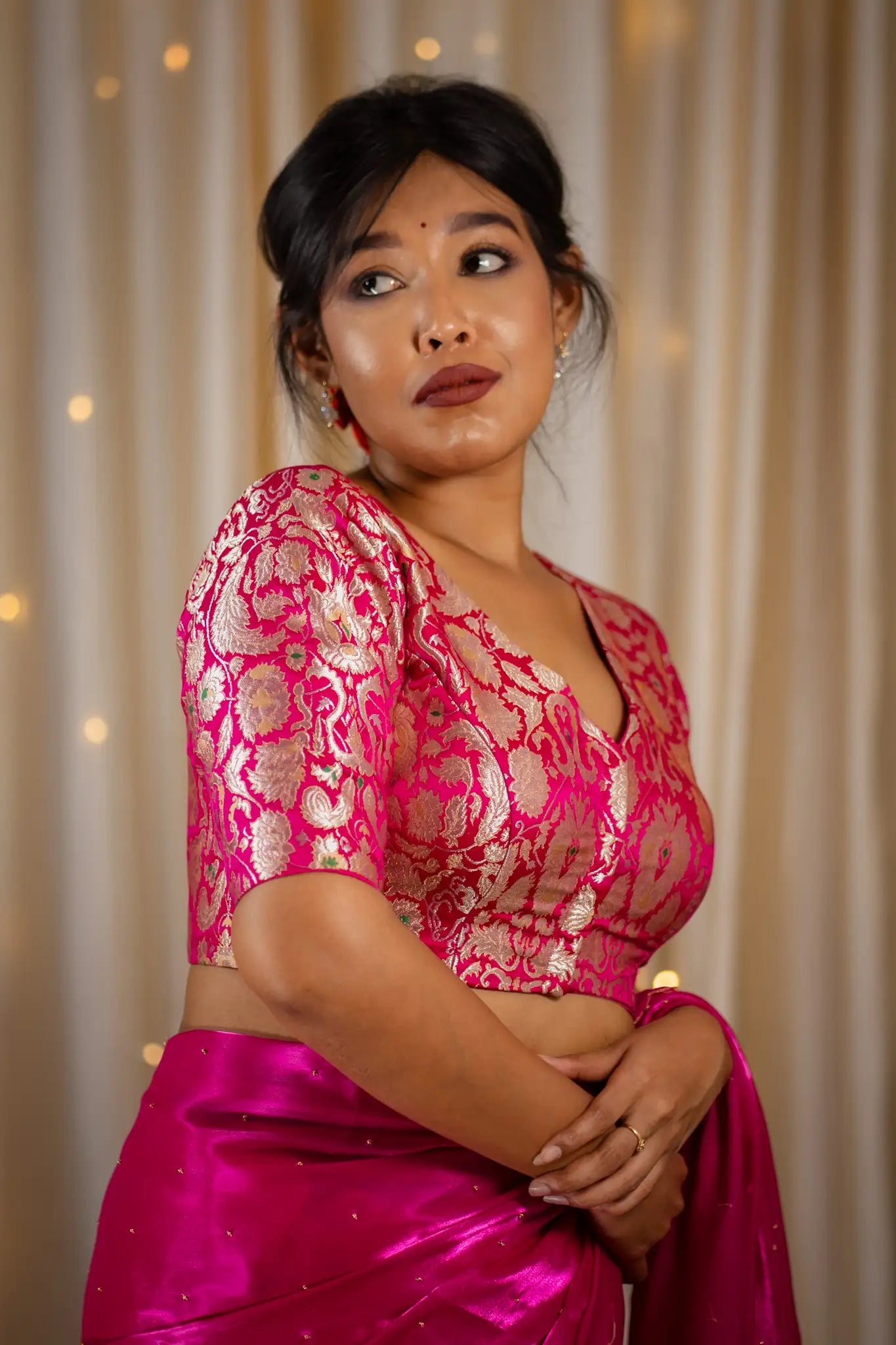 Cranberry-Pink-V-Neck-Banarasi-Blouse-With-Sleeve-Readymade-Blouse-I-Love-Sarees