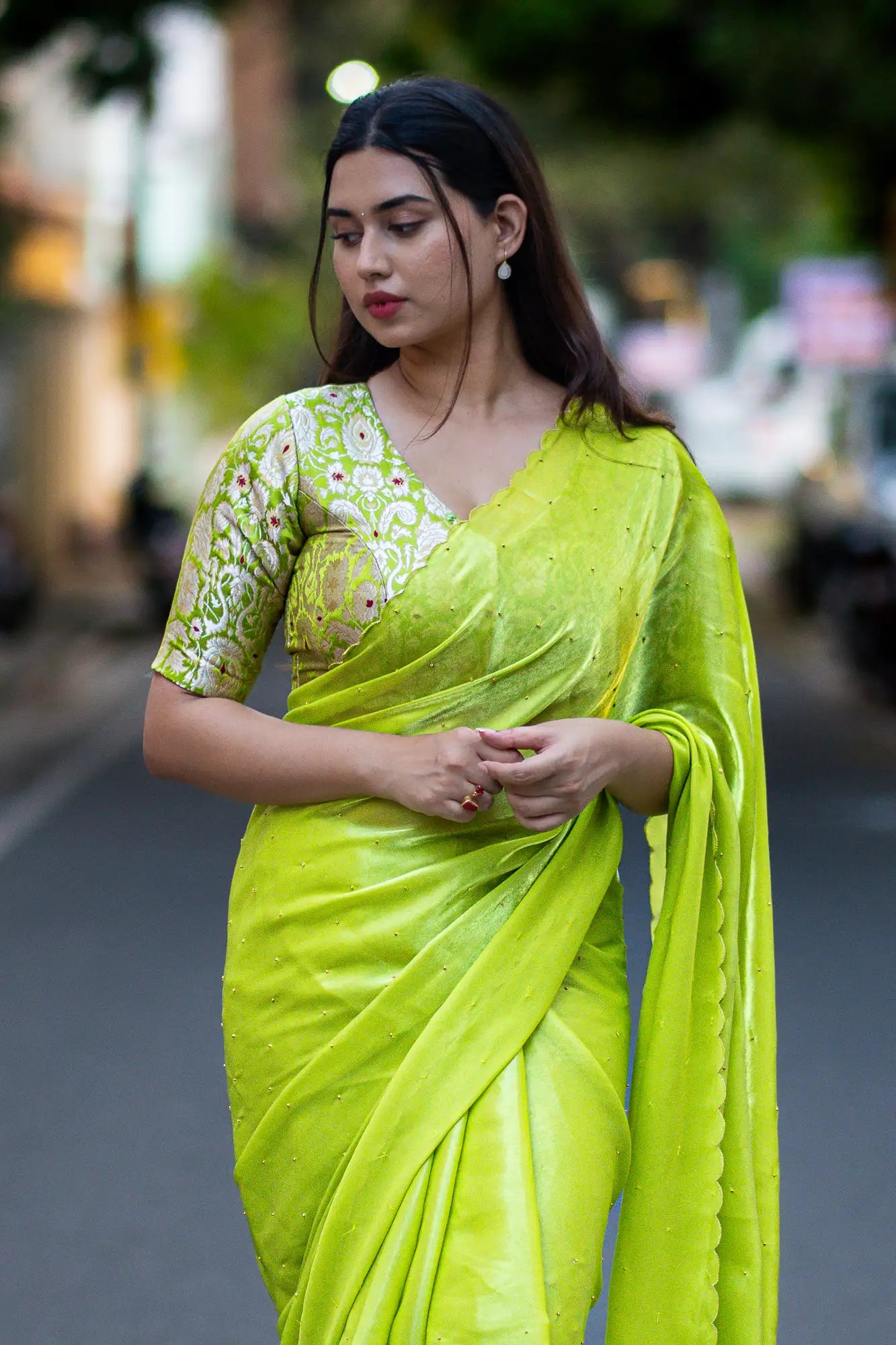 Cyber-Lime-V-Neck-Banarasi-Blouse-With-Sleeve-Readymade-Blouse-I-Love-Sarees