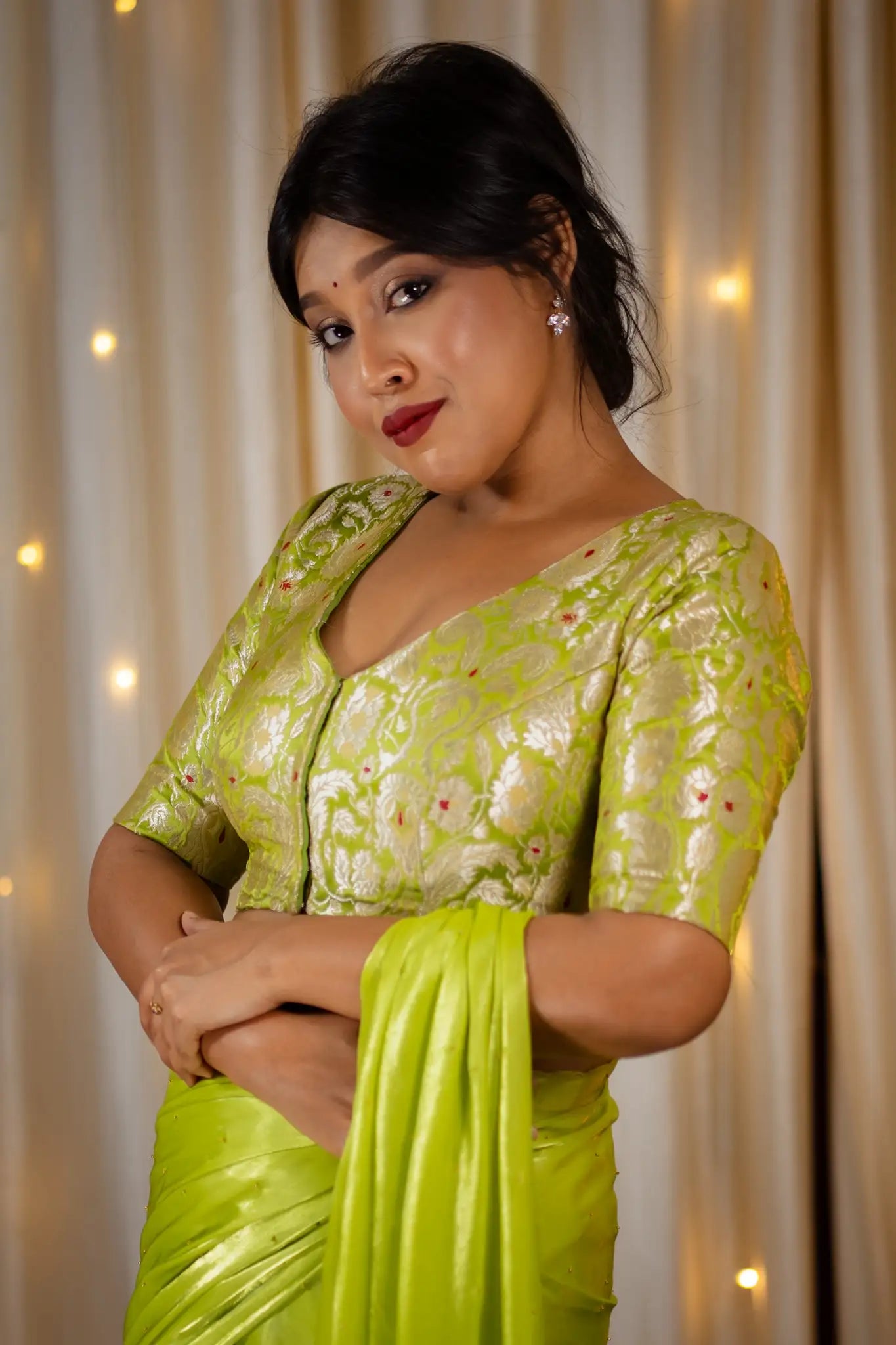 Cyber-Lime-V-Neck-Banarasi-Blouse-With-Sleeve-Readymade-Blouse-I-Love-Sarees