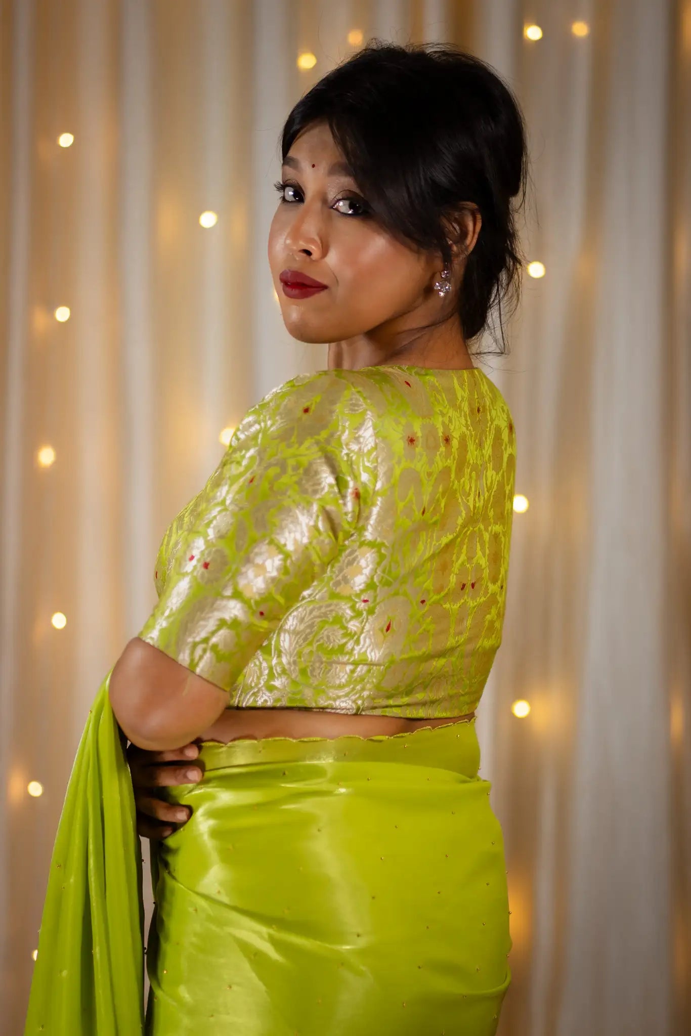 Cyber-Lime-V-Neck-Banarasi-Blouse-With-Sleeve-Readymade-Blouse-I-Love-Sarees