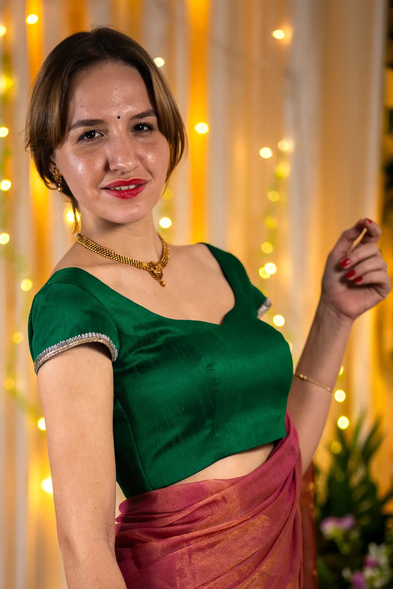 Emerald green Cap Sleeve Readymade Blouse