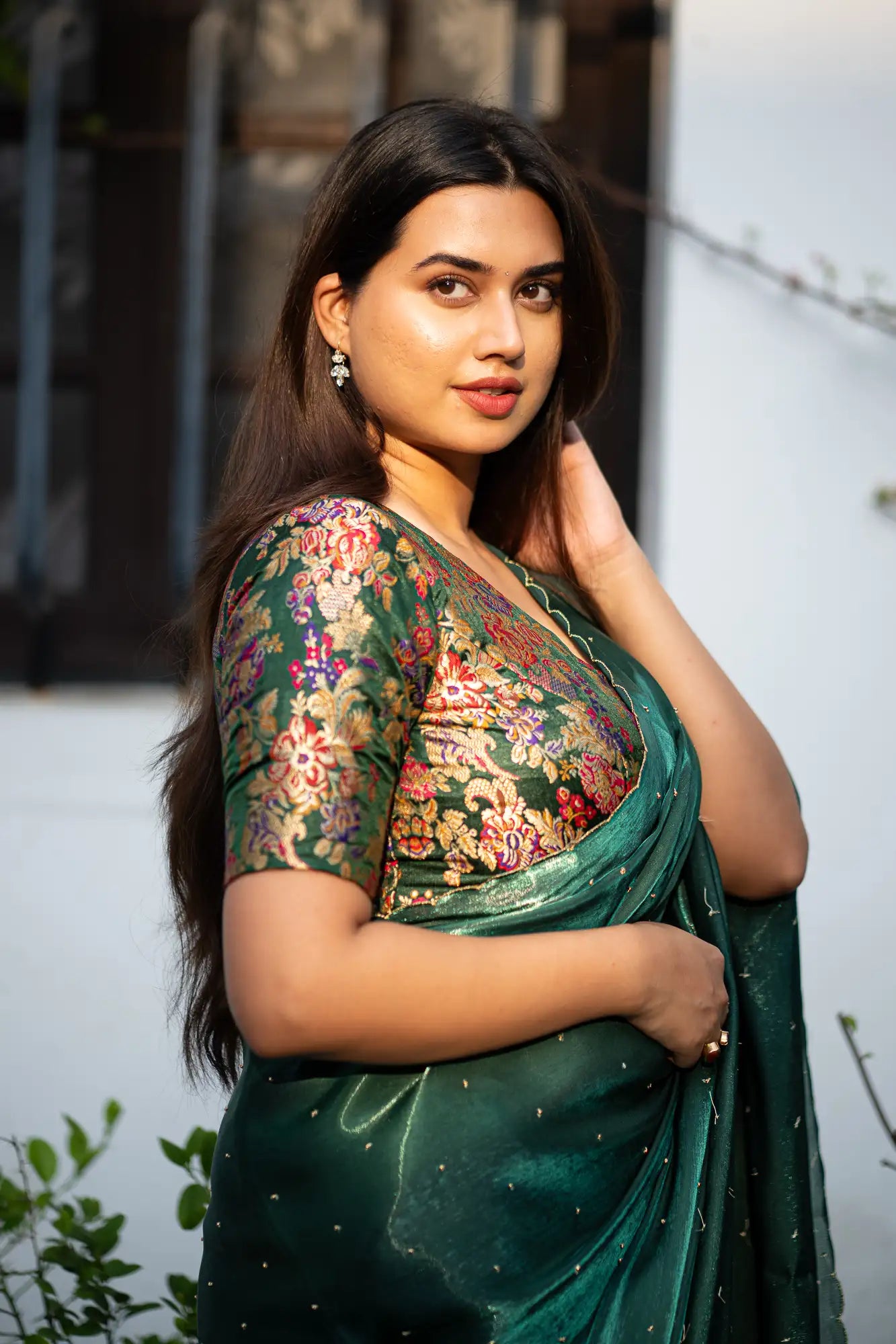 Emerald-Green-V-Neck-Banarasi-Blouse-With-Sleeve-Readymade-Blouse-I-Love-Sarees