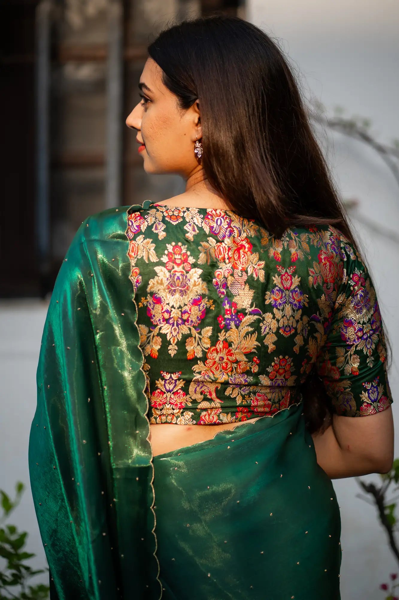 Emerald-Green-V-Neck-Banarasi-Blouse-With-Sleeve-Readymade-Blouse-I-Love-Sarees