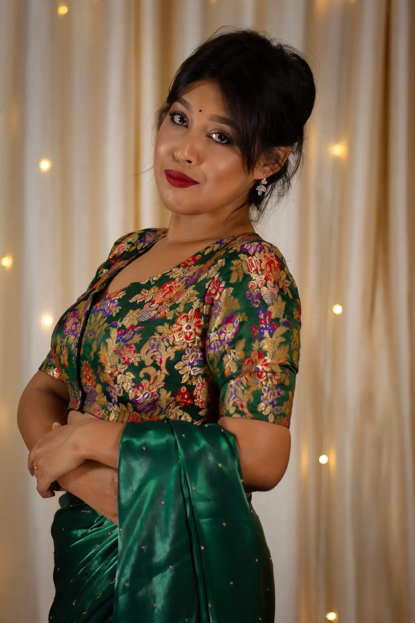 Emerald-Green-V-Neck-Banarasi-Blouse-With-Sleeve-Readymade-Blouse-I-Love-Sarees