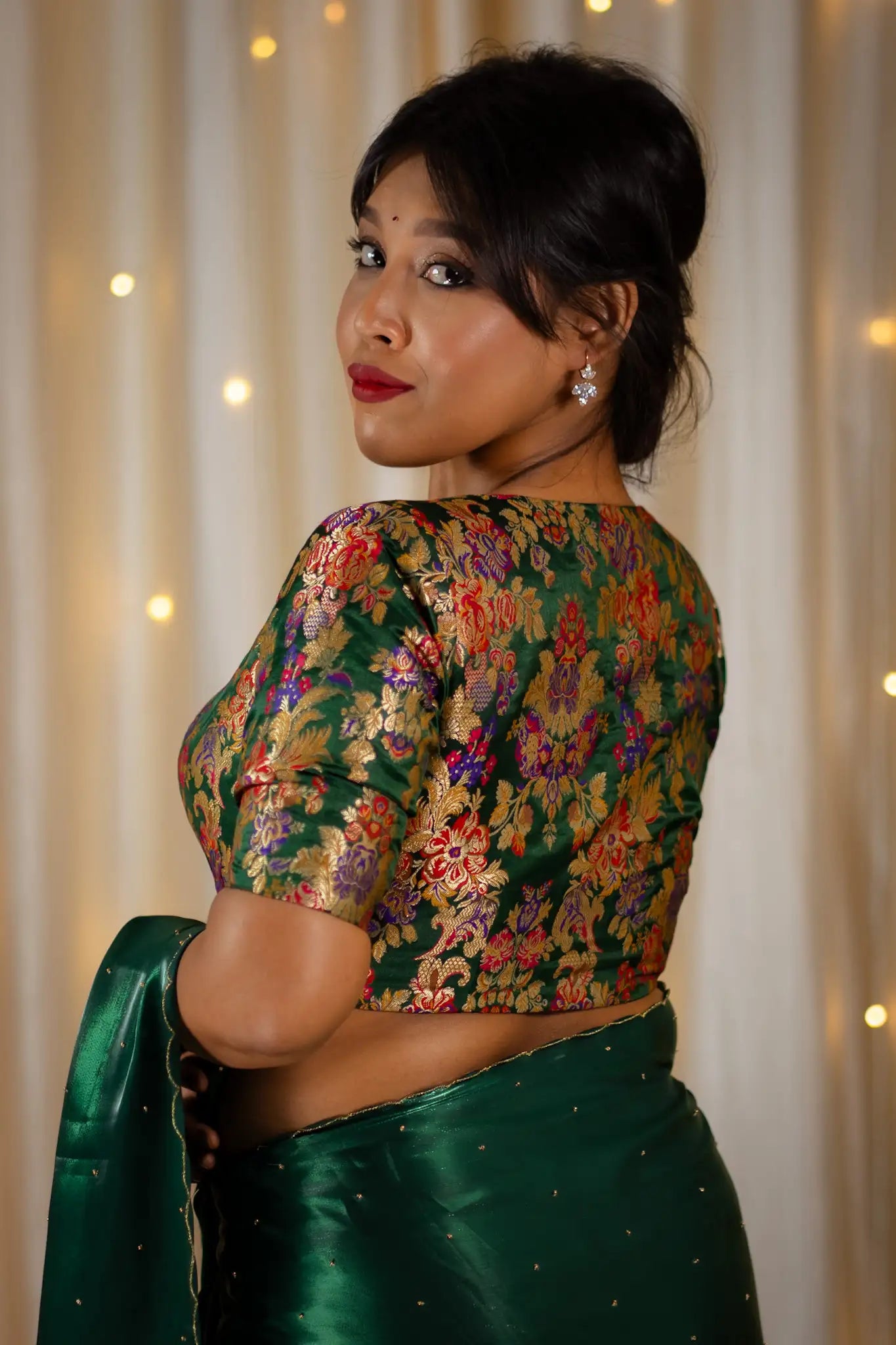 Emerald-Green-V-Neck-Banarasi-Blouse-With-Sleeve-Readymade-Blouse-I-Love-Sarees