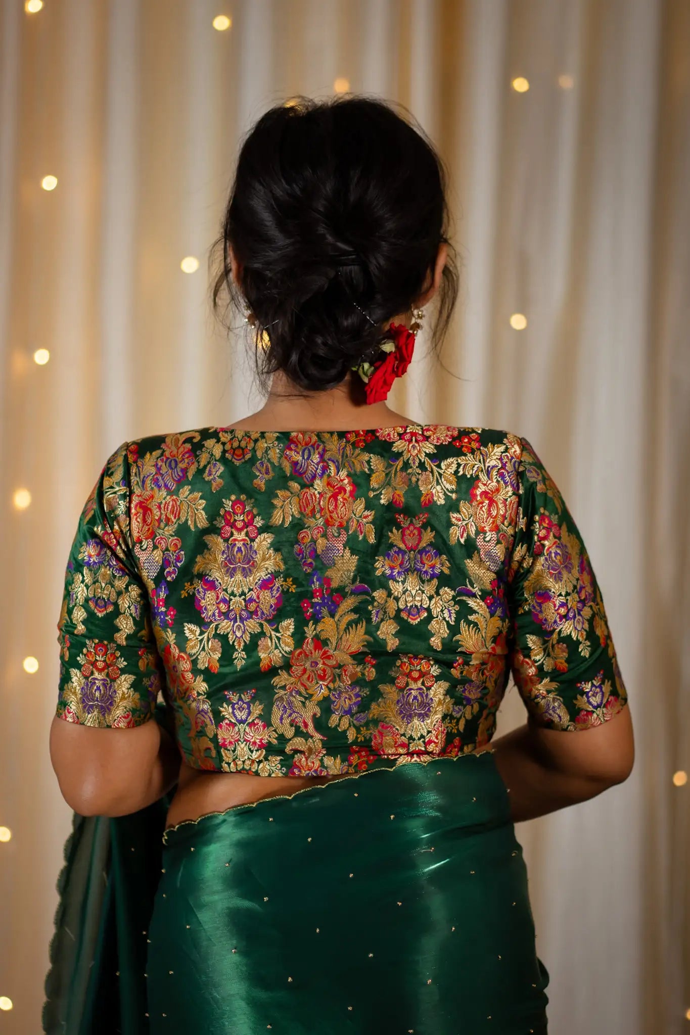 Emerald-Green-V-Neck-Banarasi-Blouse-With-Sleeve-Readymade-Blouse-I-Love-Sarees