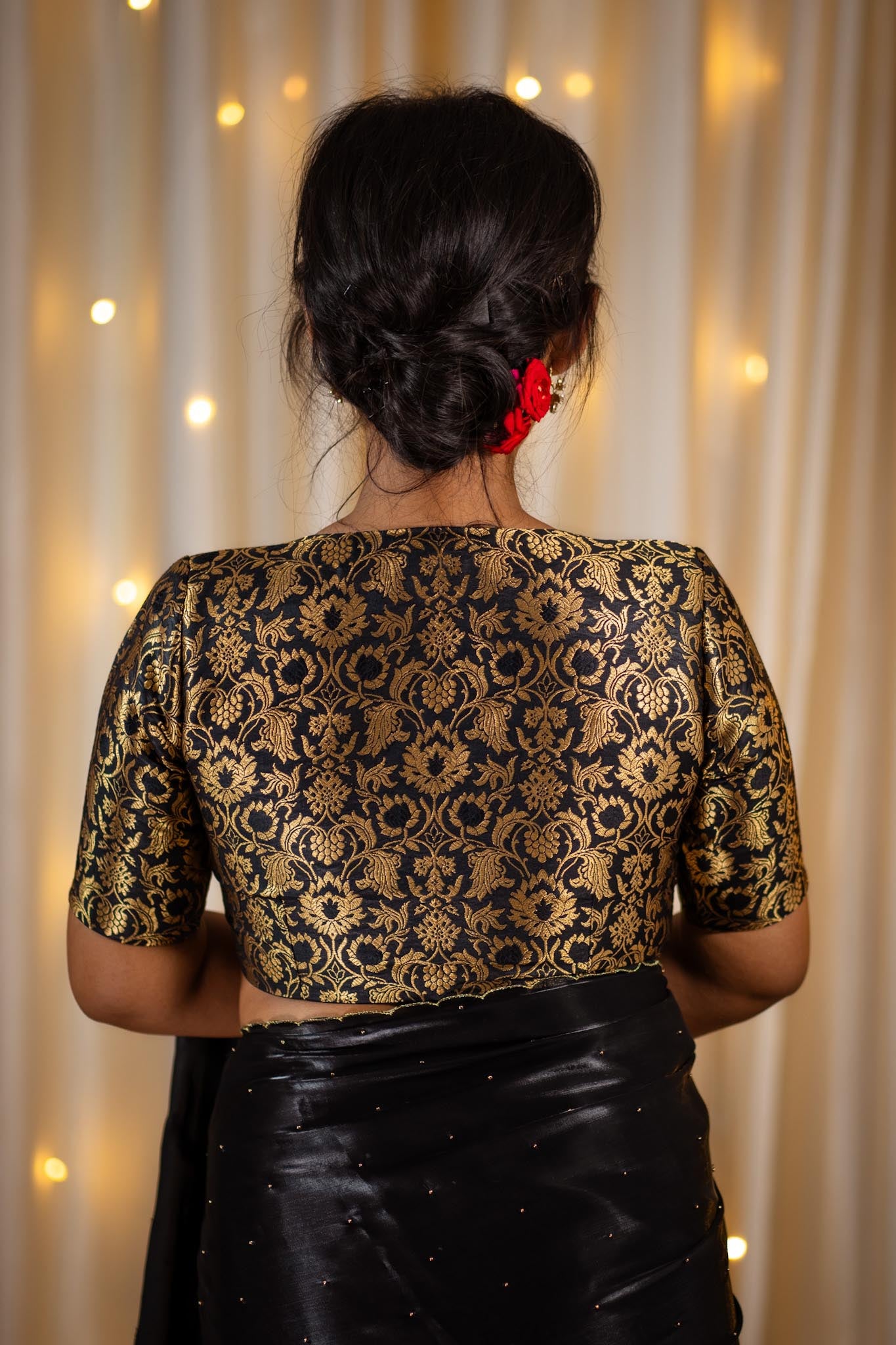 Golden-Black-V-Neck-Banarasi-Blouse-With-Sleeve-Readymade-Blouse-I-Love-Sarees