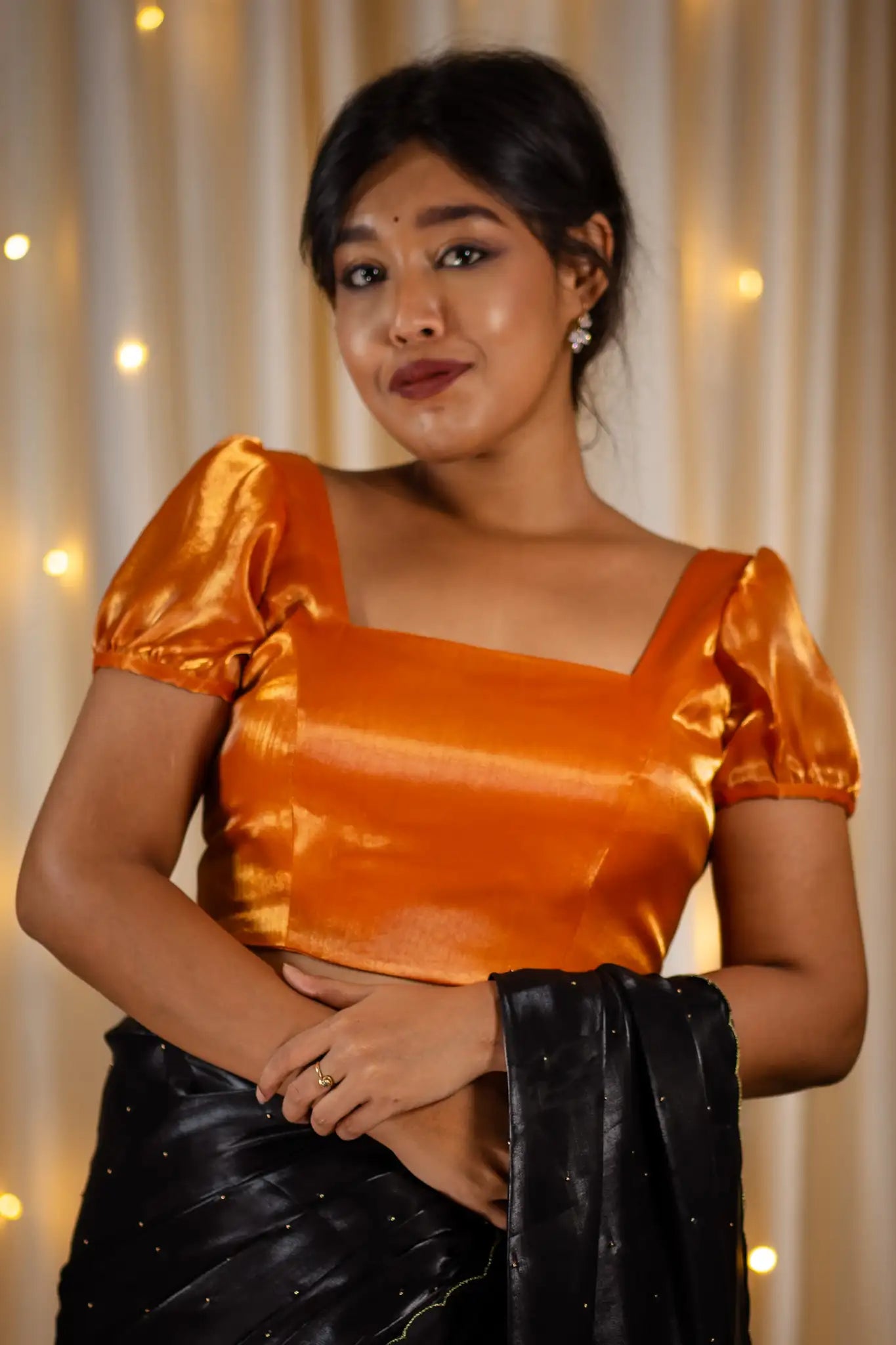 Honey-Golden-Square-Neck-Organza-Puff-Sleeve-Blouse-I-Love-Sarees