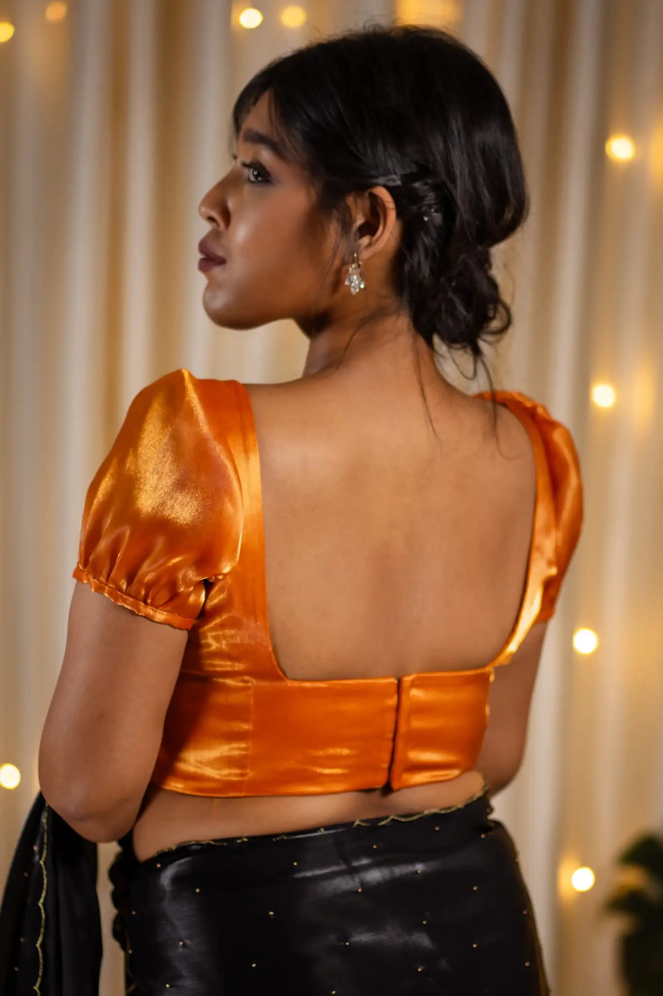 Honey-Golden-Square-Neck-Organza-Puff-Sleeve-Blouse-I-Love-Sarees