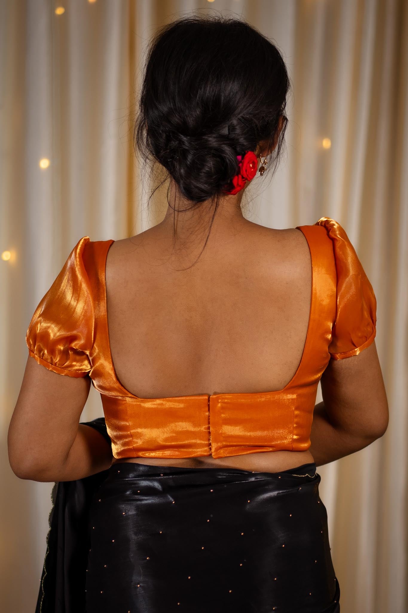 Honey-Golden-Square-Neck-Organza-Puff-Sleeve-Blouse-I-Love-Sarees
