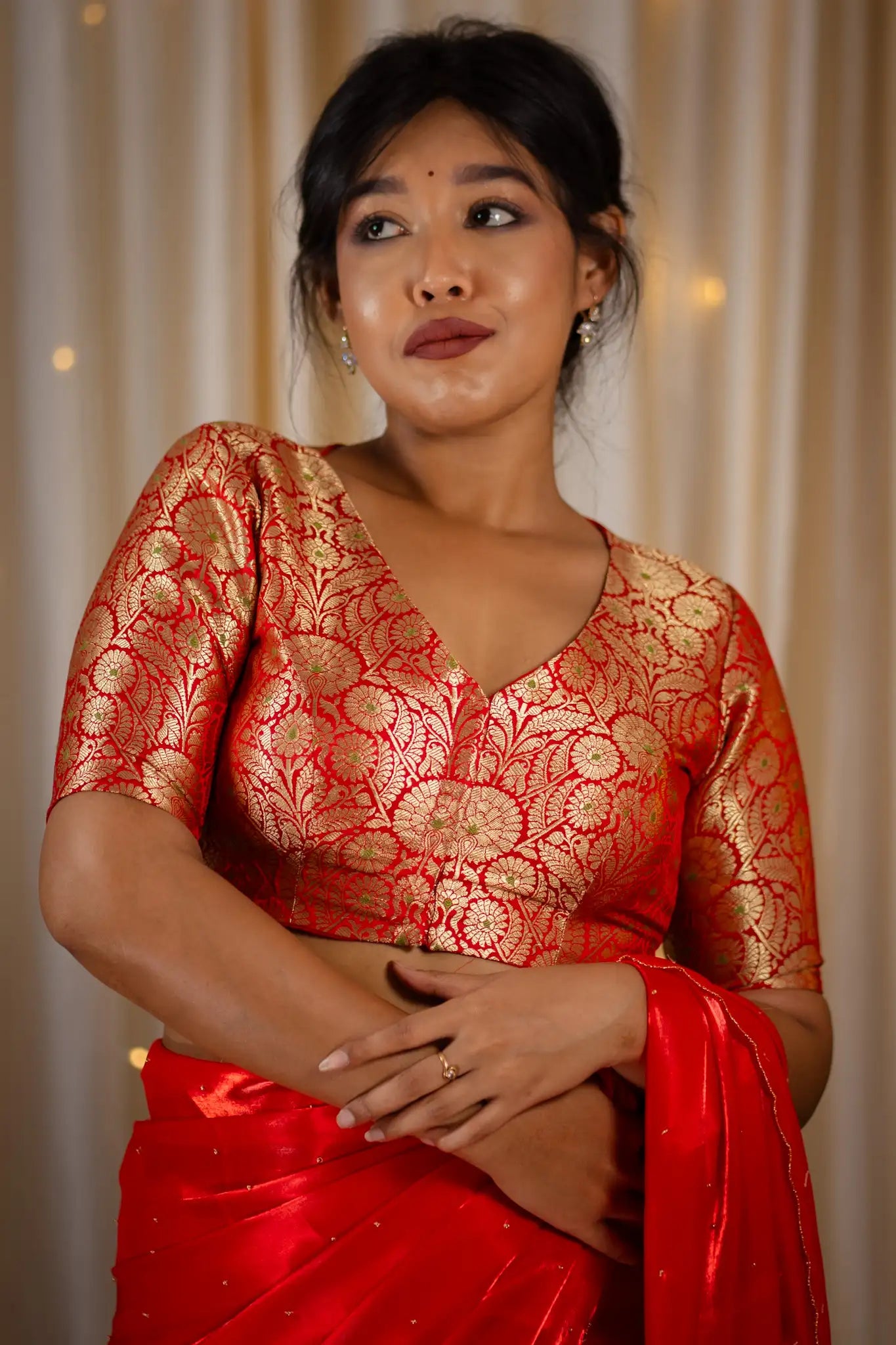Golden-Red-V-Neck-Banarasi-Blouse-With-Sleeve-Readymade-Blouse-I-Love-Sarees