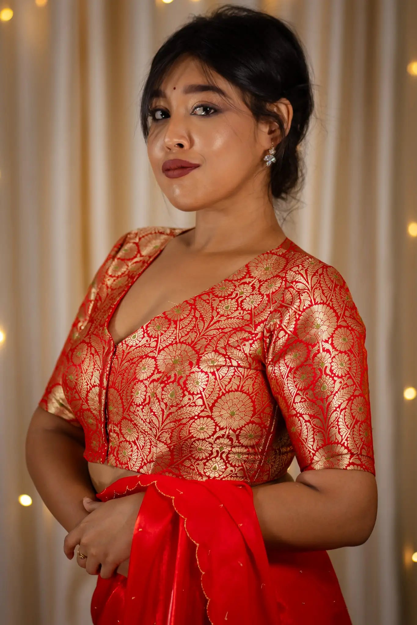 Golden-Red-V-Neck-Banarasi-Blouse-With-Sleeve-Readymade-Blouse-I-Love-Sarees