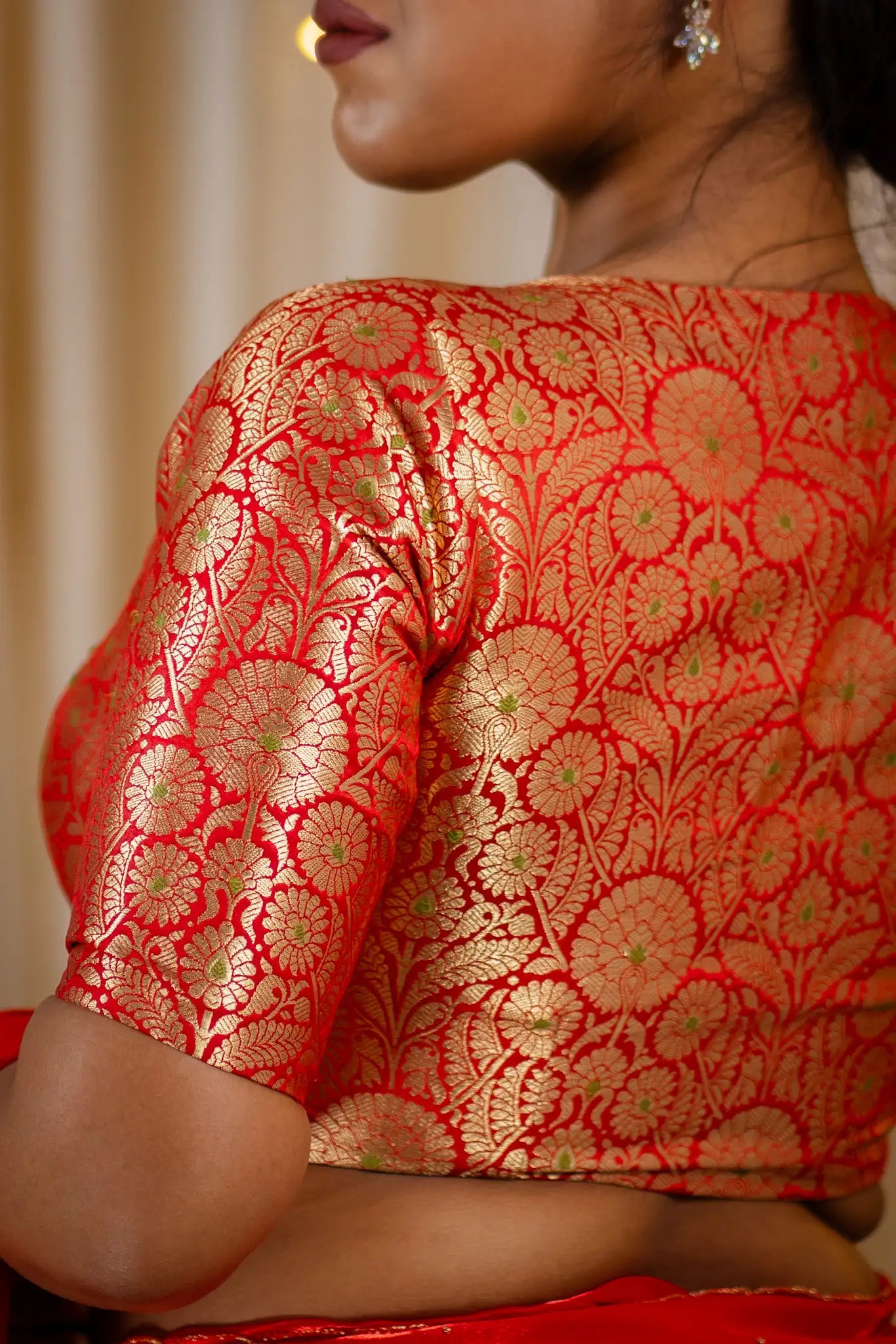 Golden-Red-V-Neck-Banarasi-Blouse-With-Sleeve-Readymade-Blouse-I-Love-Sarees