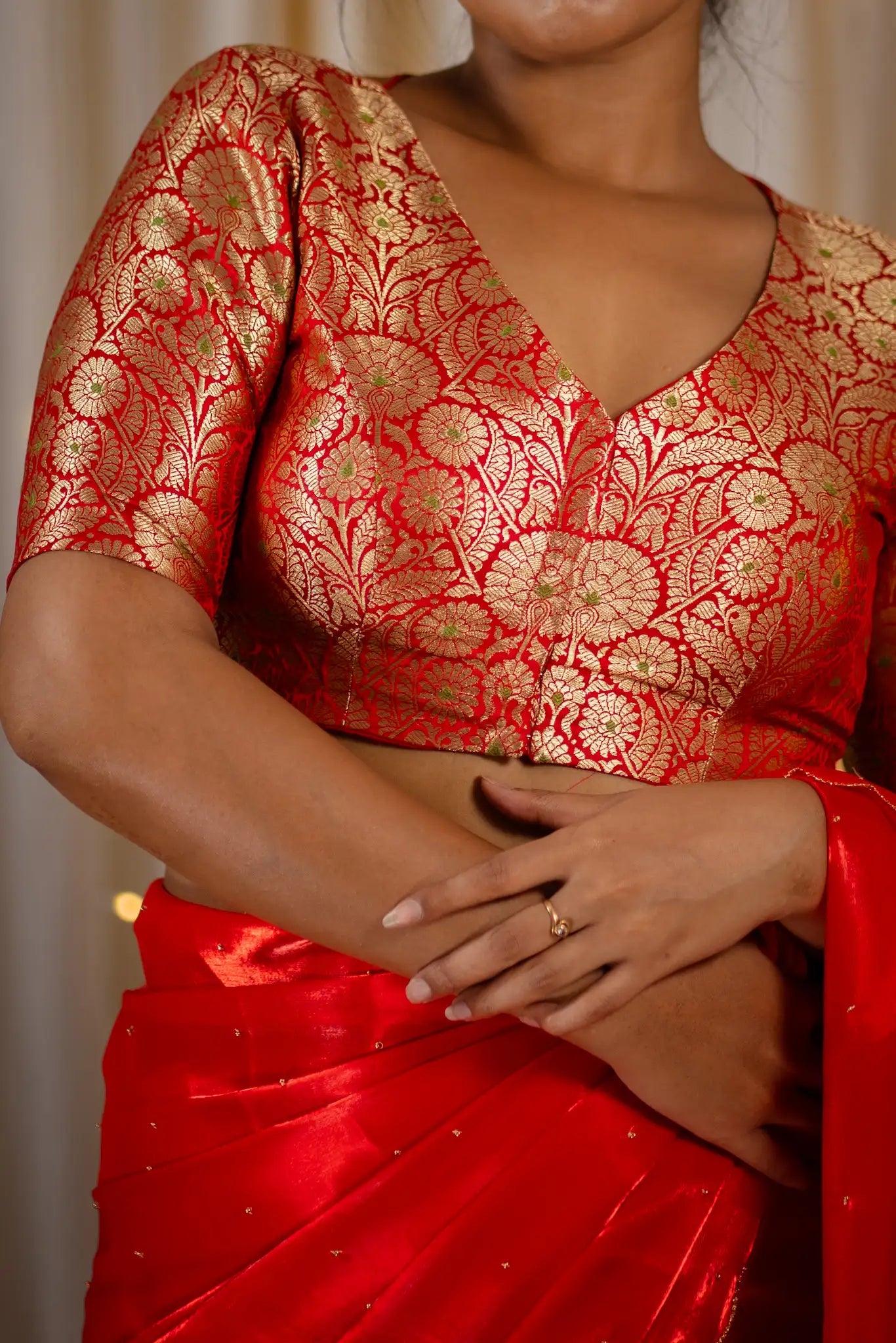 Golden-Red-V-Neck-Banarasi-Blouse-With-Sleeve-Readymade-Blouse-I-Love-Sarees