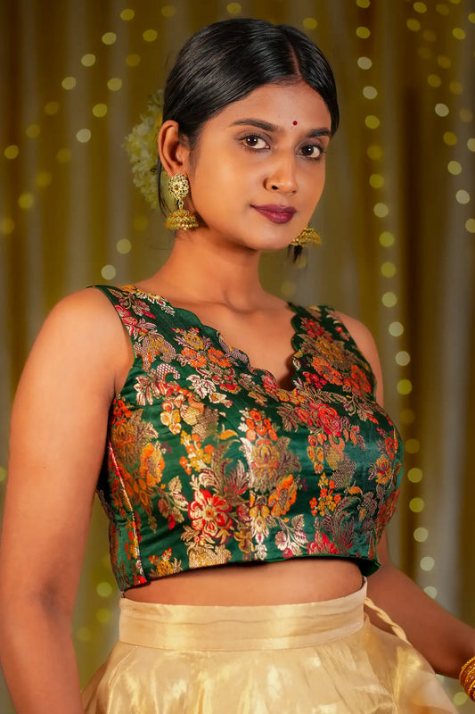 Emerald Tassels V-neck Banarasi Blouse