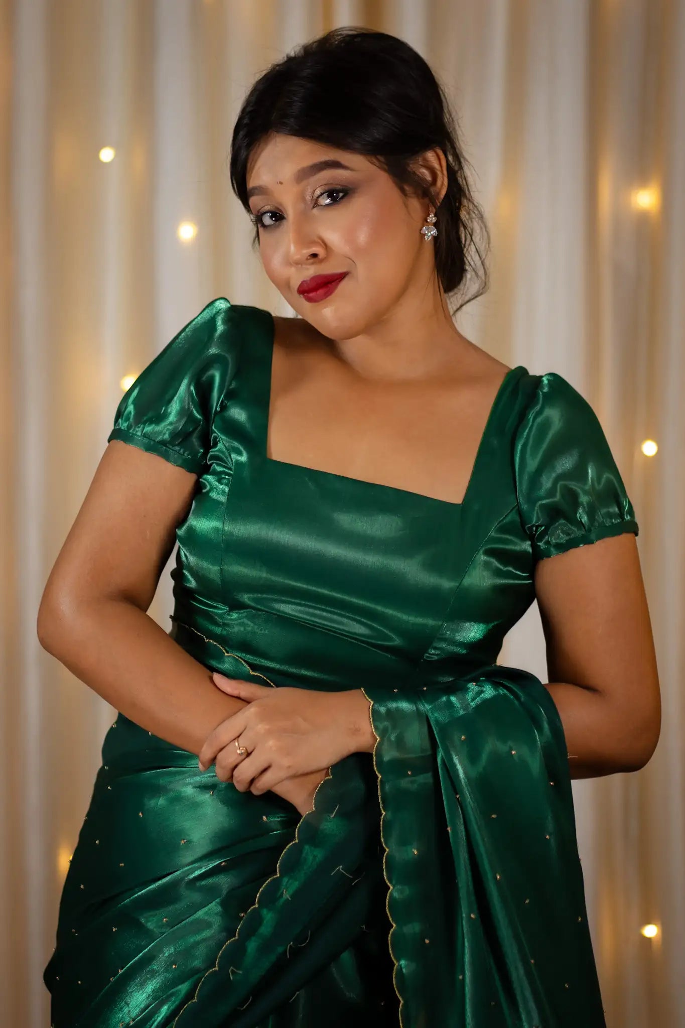 Emerald-Green-Square-Neck-Organza-Puff-Sleeve-Blouse-I-Love-Sarees