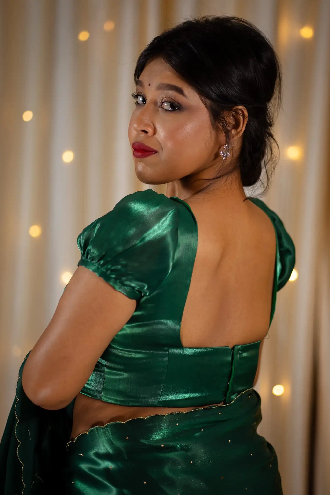 Emerald-Green-Square-Neck-Organza-Puff-Sleeve-Blouse-I-Love-Sarees