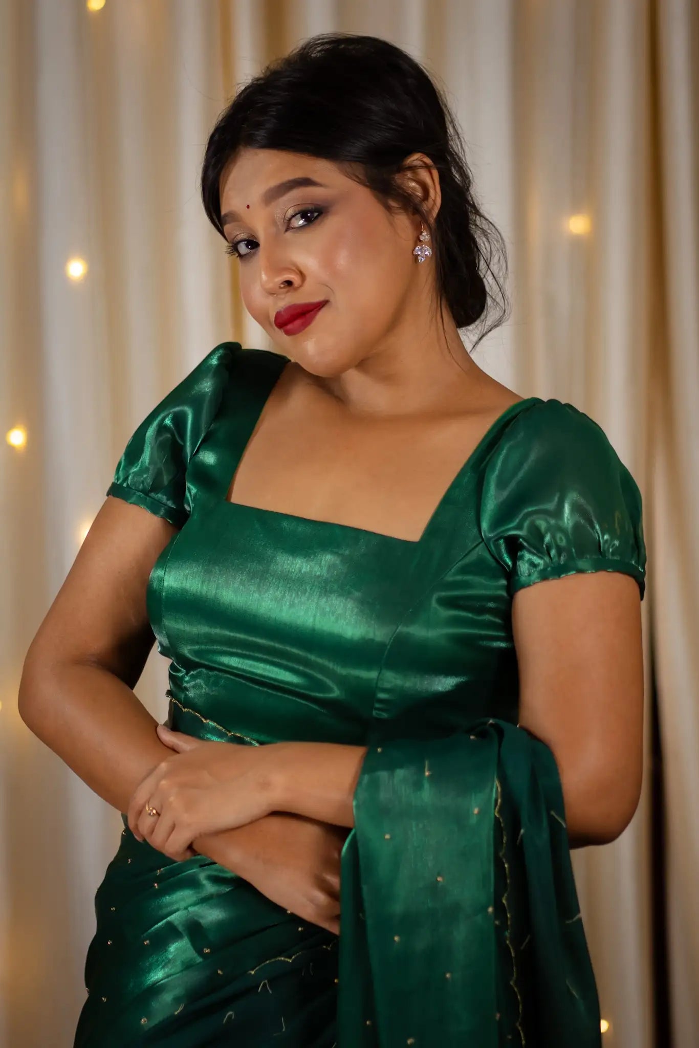 Emerald-Green-Square-Neck-Organza-Puff-Sleeve-Blouse-I-Love-Sarees