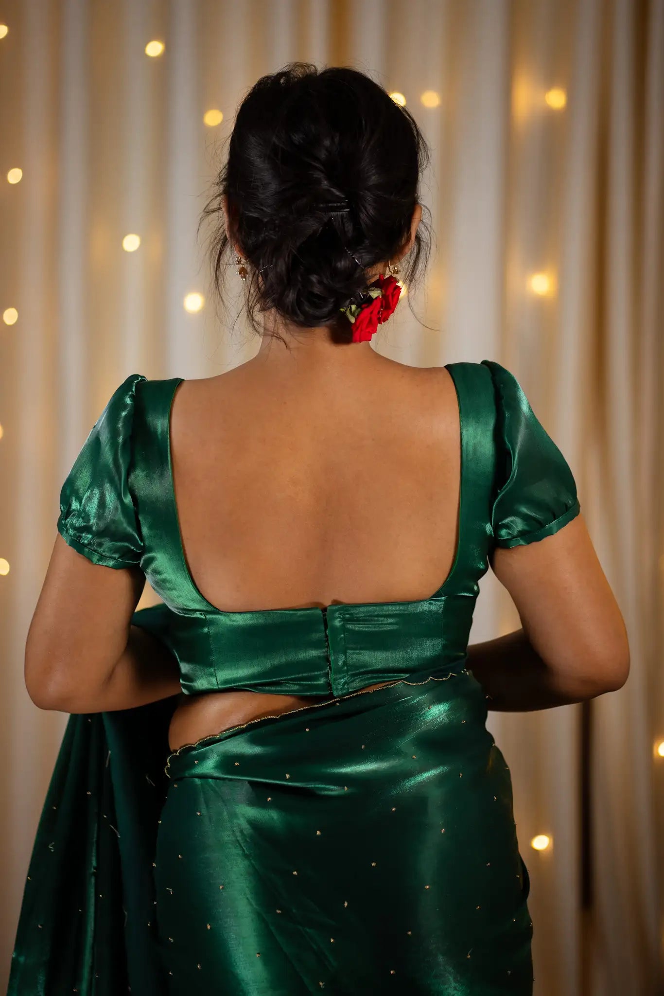 Emerald-Green-Square-Neck-Organza-Puff-Sleeve-Blouse-I-Love-Sarees