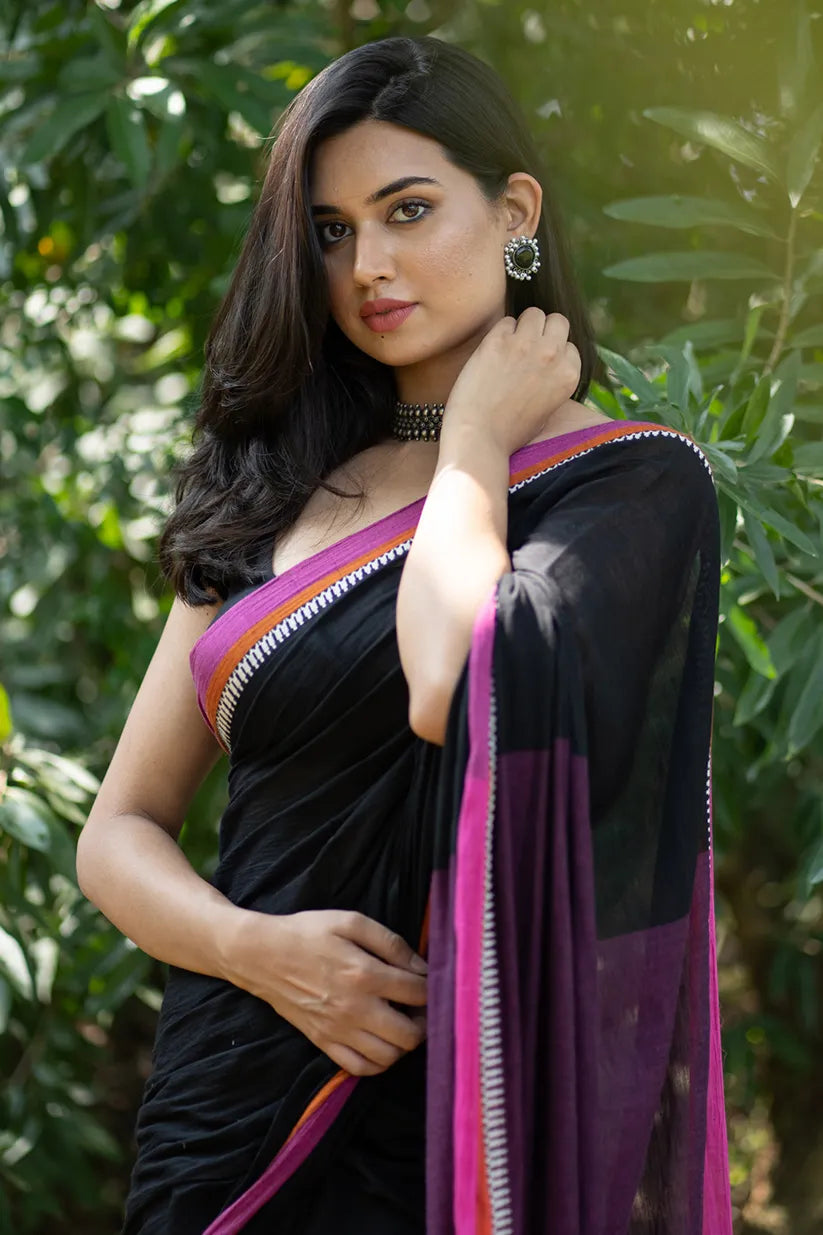Last Song Black Saree with Pink Border