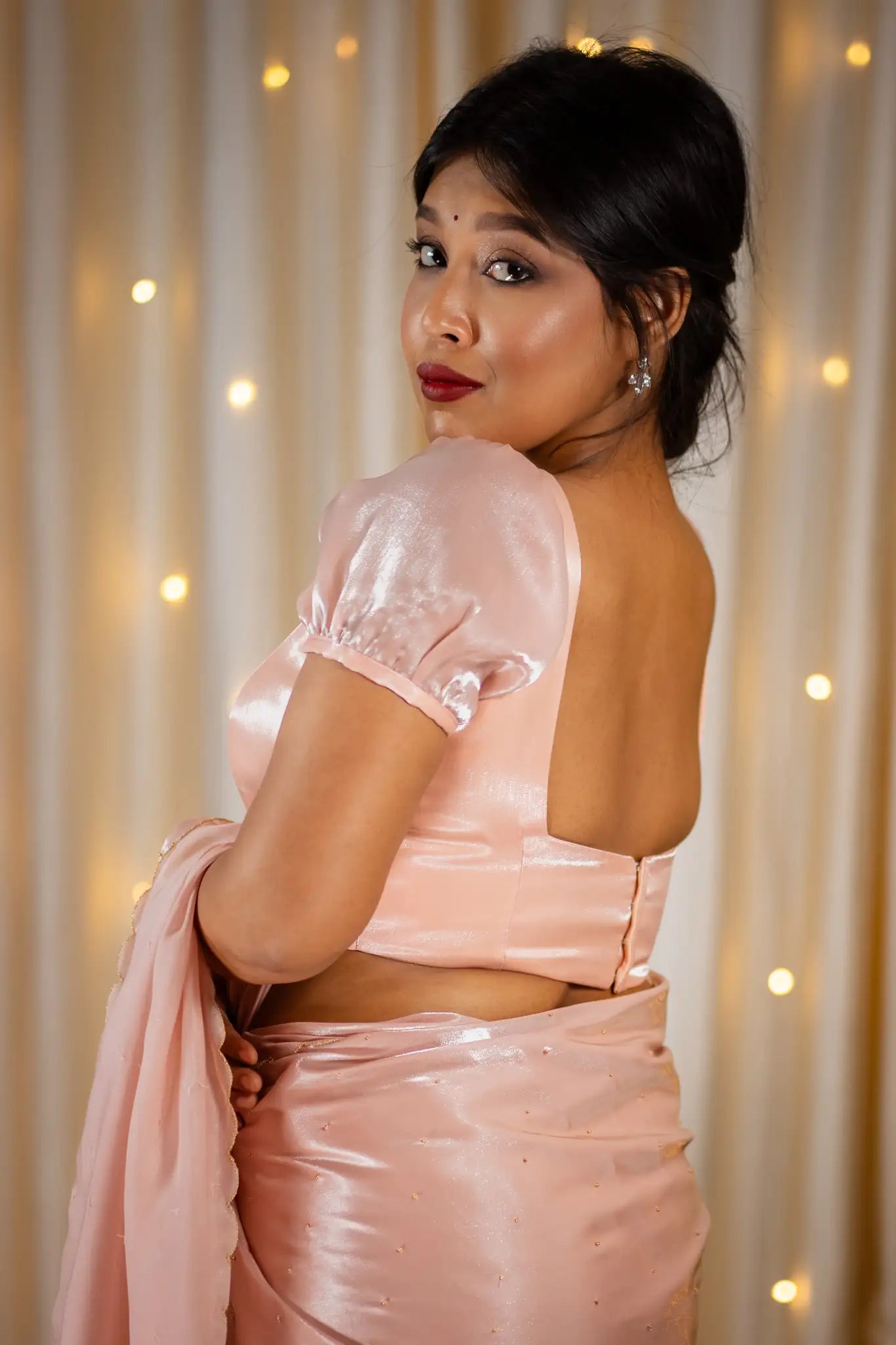 Shell-Pink-Square-Neck-Organza-Puff-Sleeve-Blouse-I-Love-Sarees