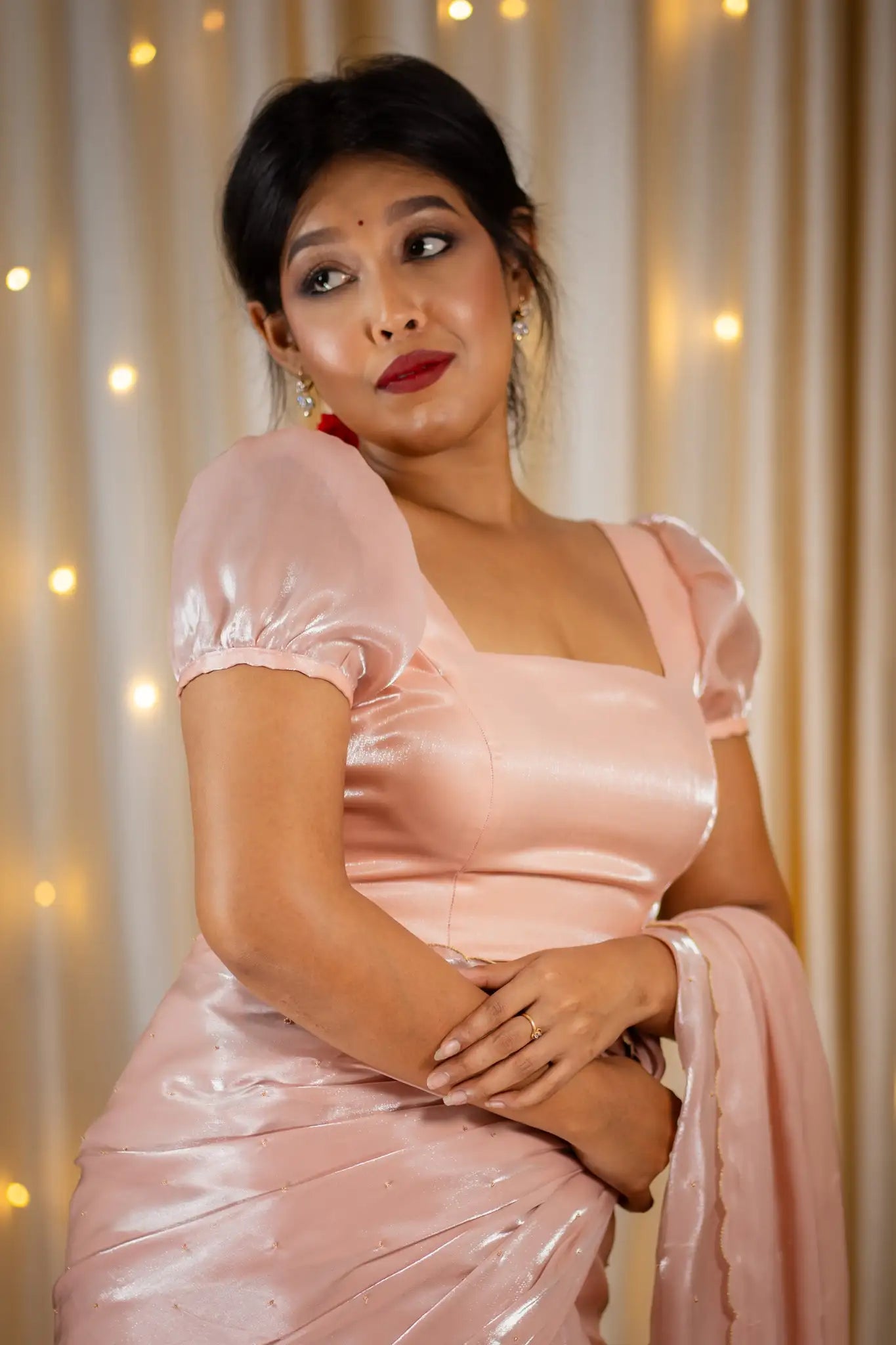 Shell-Pink-Square-Neck-Organza-Puff-Sleeve-Blouse-I-Love-Sarees