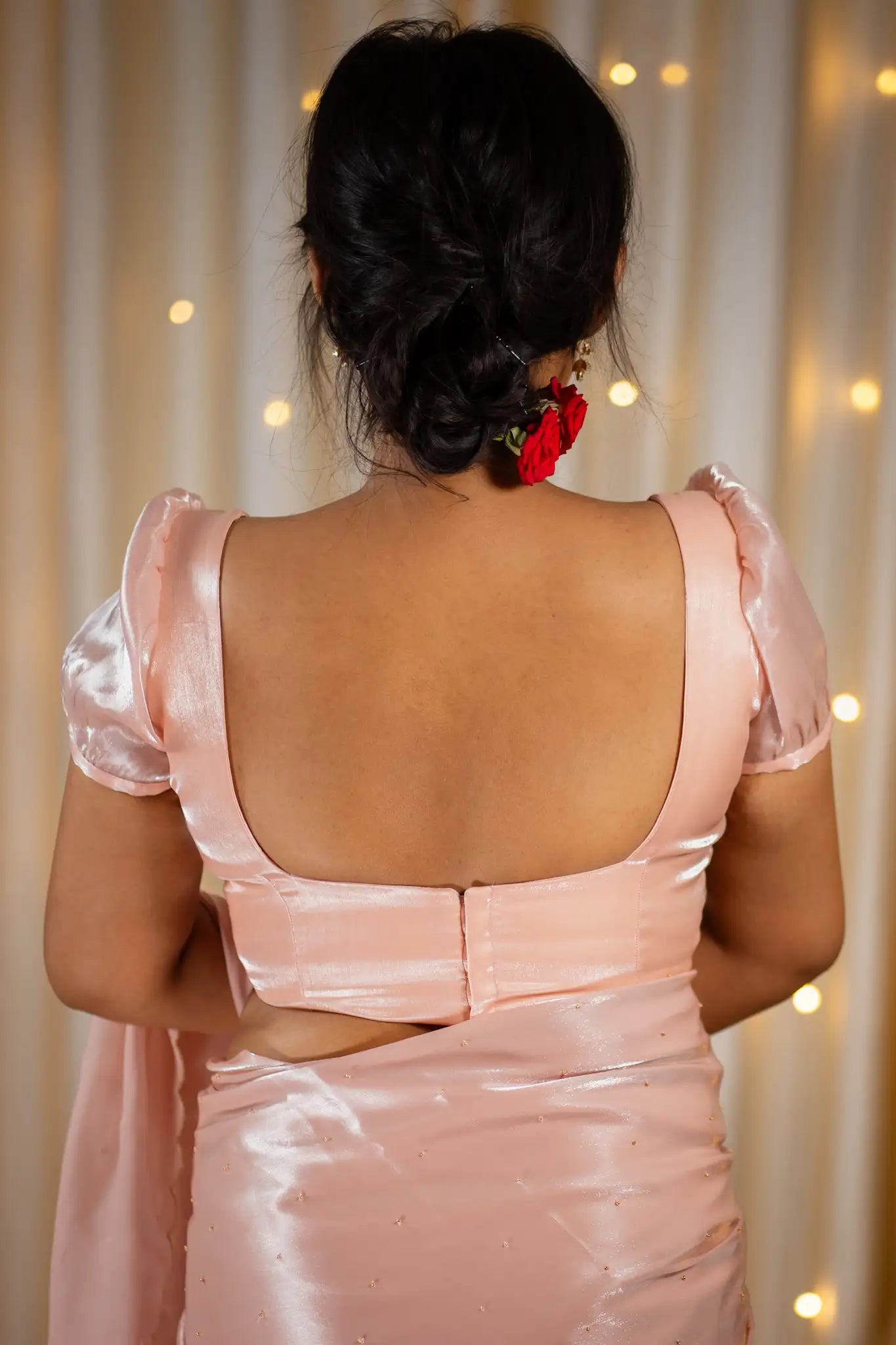 Shell-Pink-Square-Neck-Organza-Puff-Sleeve-Blouse-I-Love-Sarees