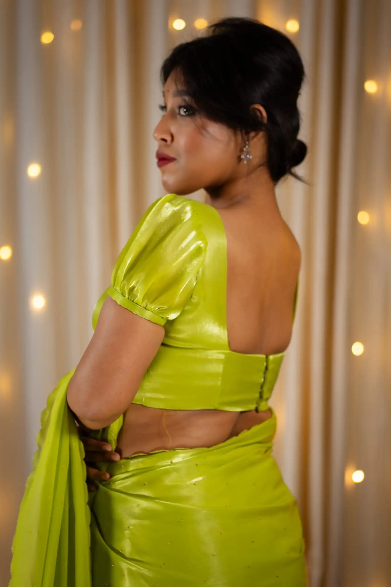 Lime-Green-Square-Neck-Organza-Puff-Sleeve-Blouse-I-Love-Sarees