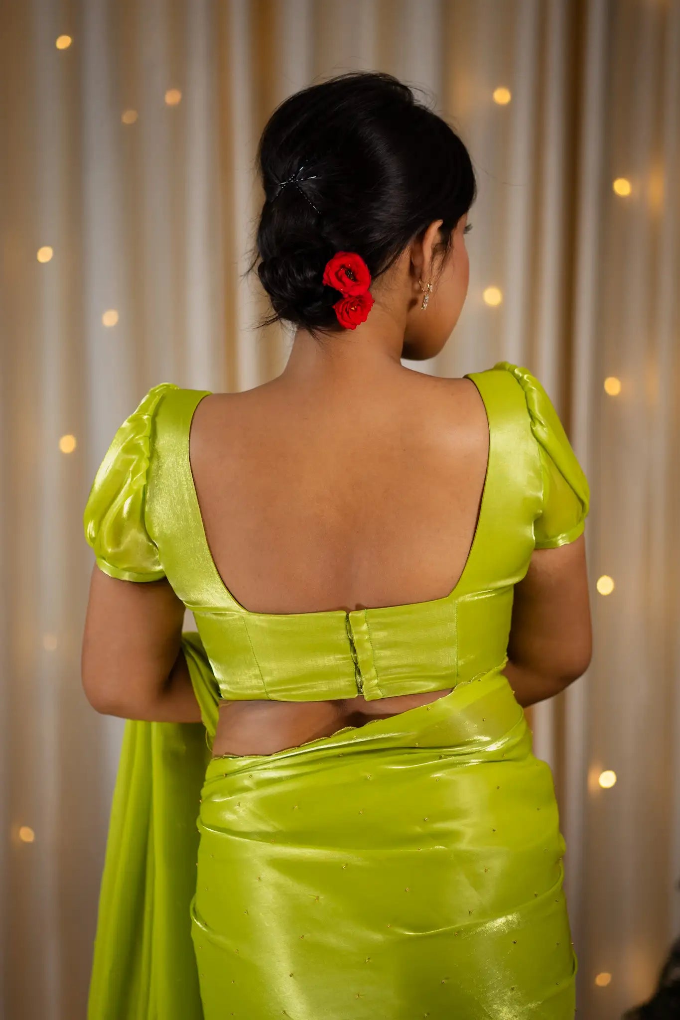 Lime-Green-Square-Neck-Organza-Puff-Sleeve-Blouse-I-Love-Sarees
