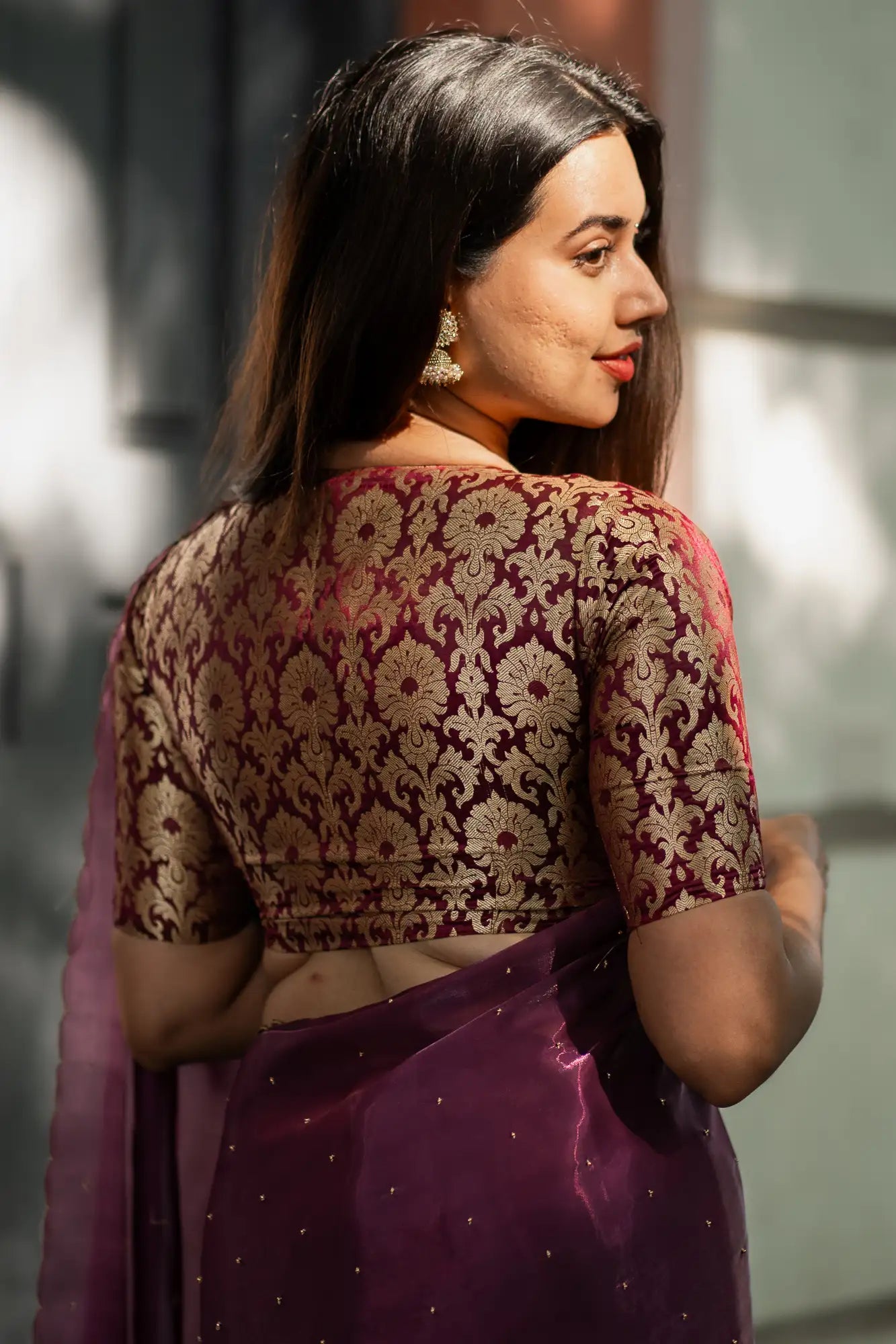 Maroon-V-Neck-Banarasi-Blouse-With-Sleeve-Readymade-Blouse-I-Love-Sarees