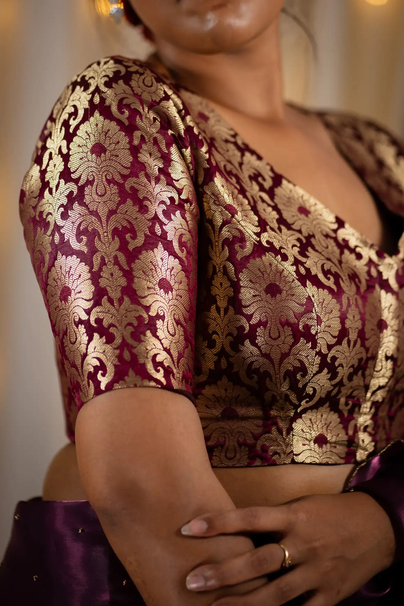Maroon-V-Neck-Banarasi-Blouse-With-Sleeve-Readymade-Blouse-I-Love-Sarees