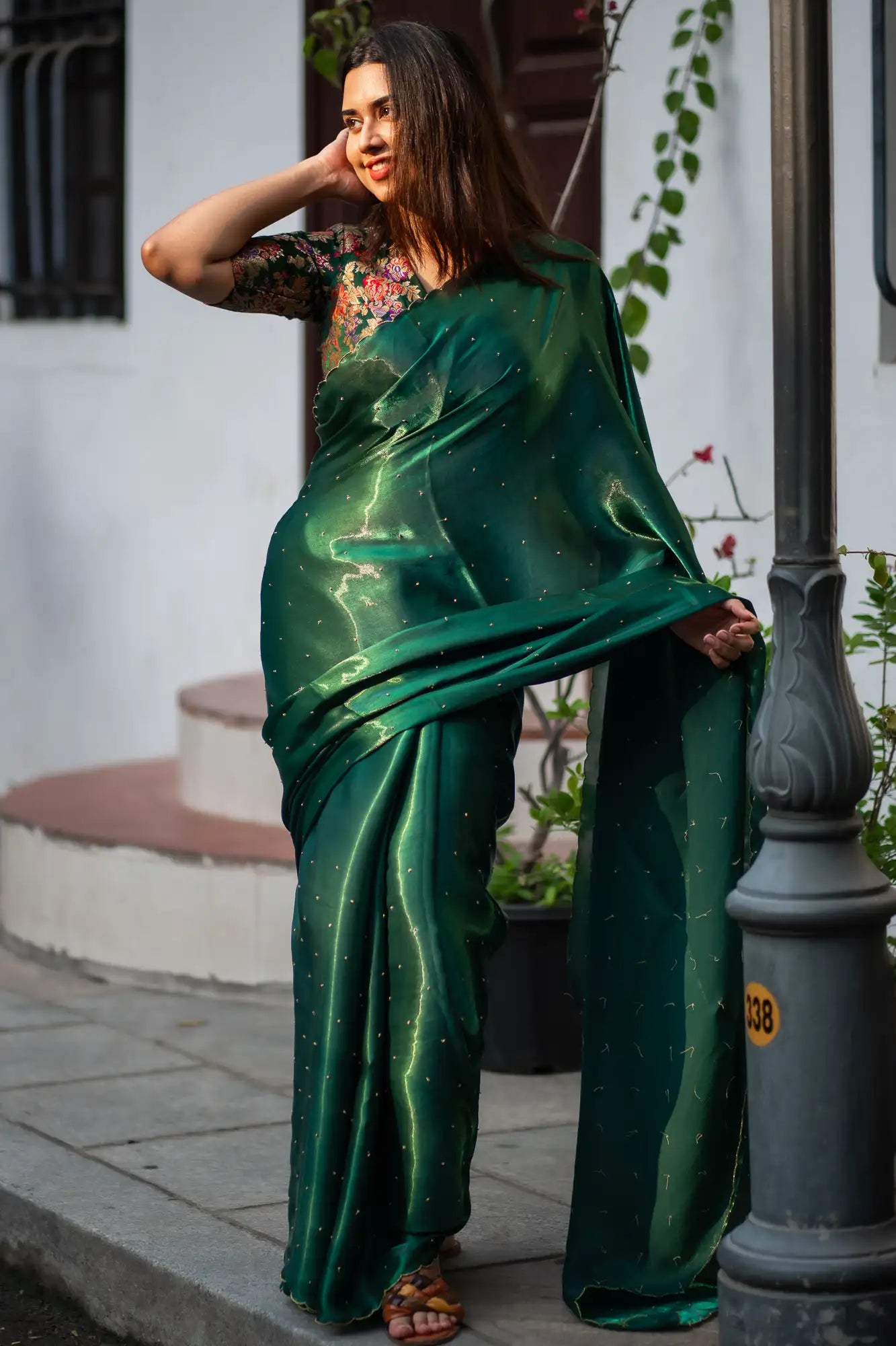 Bottle-Green-Glazy-Organza-Saree-I-Love-Sarees