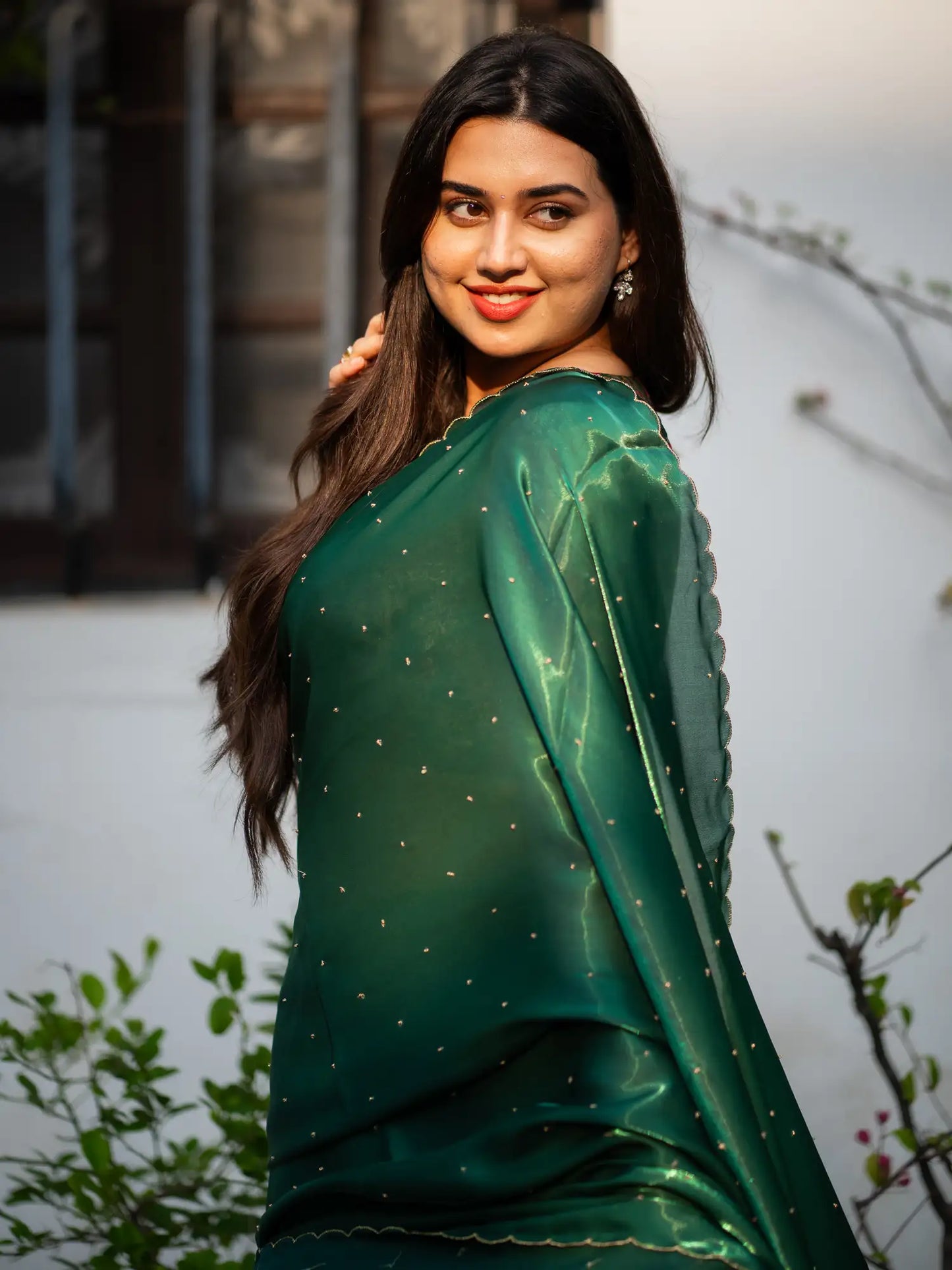 Bottle-Green-Glazy-Organza-Saree-I-Love-Sarees